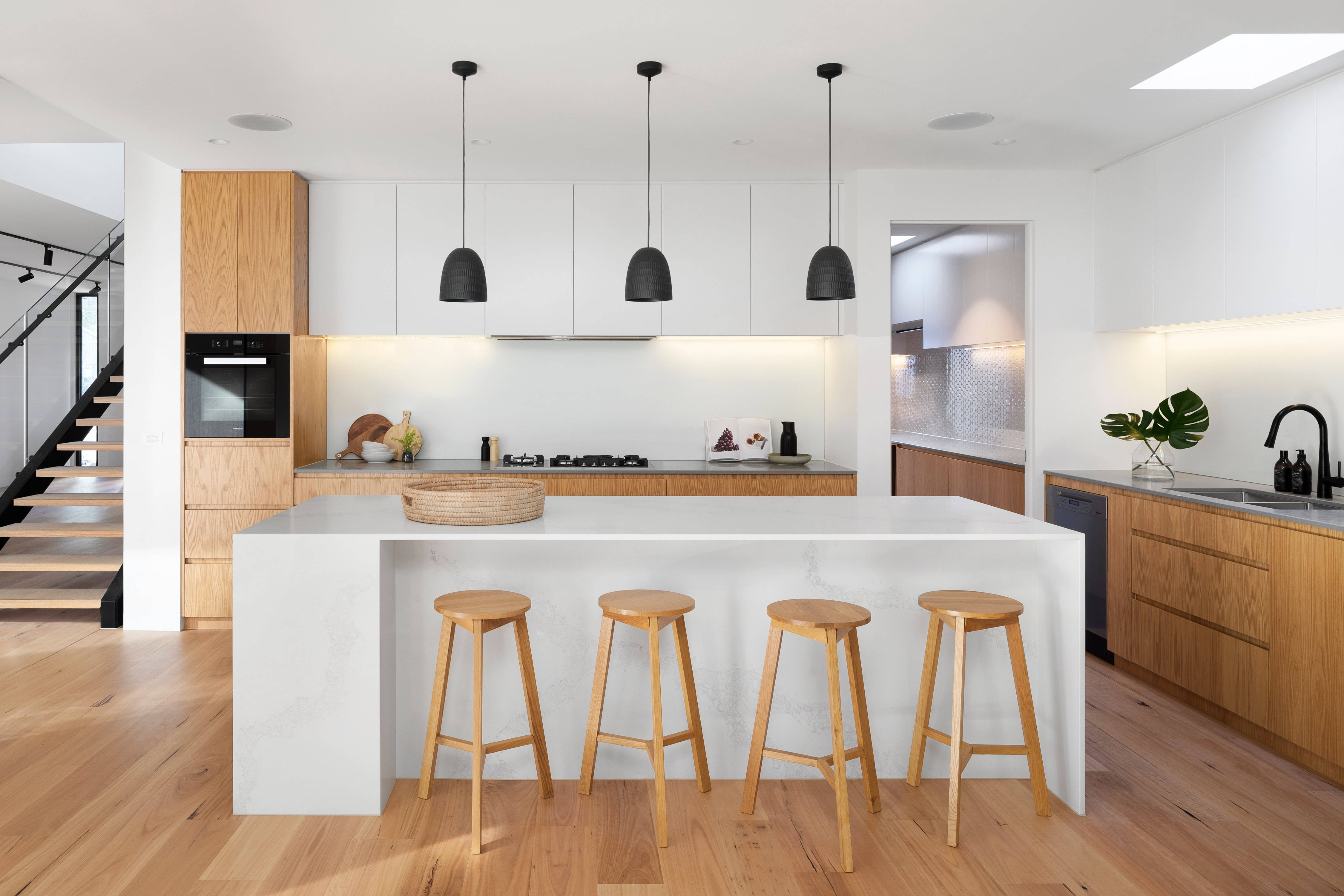 modern minimalist kitchen, white marble island, wooden stools, 4K Desktop Wallpaper