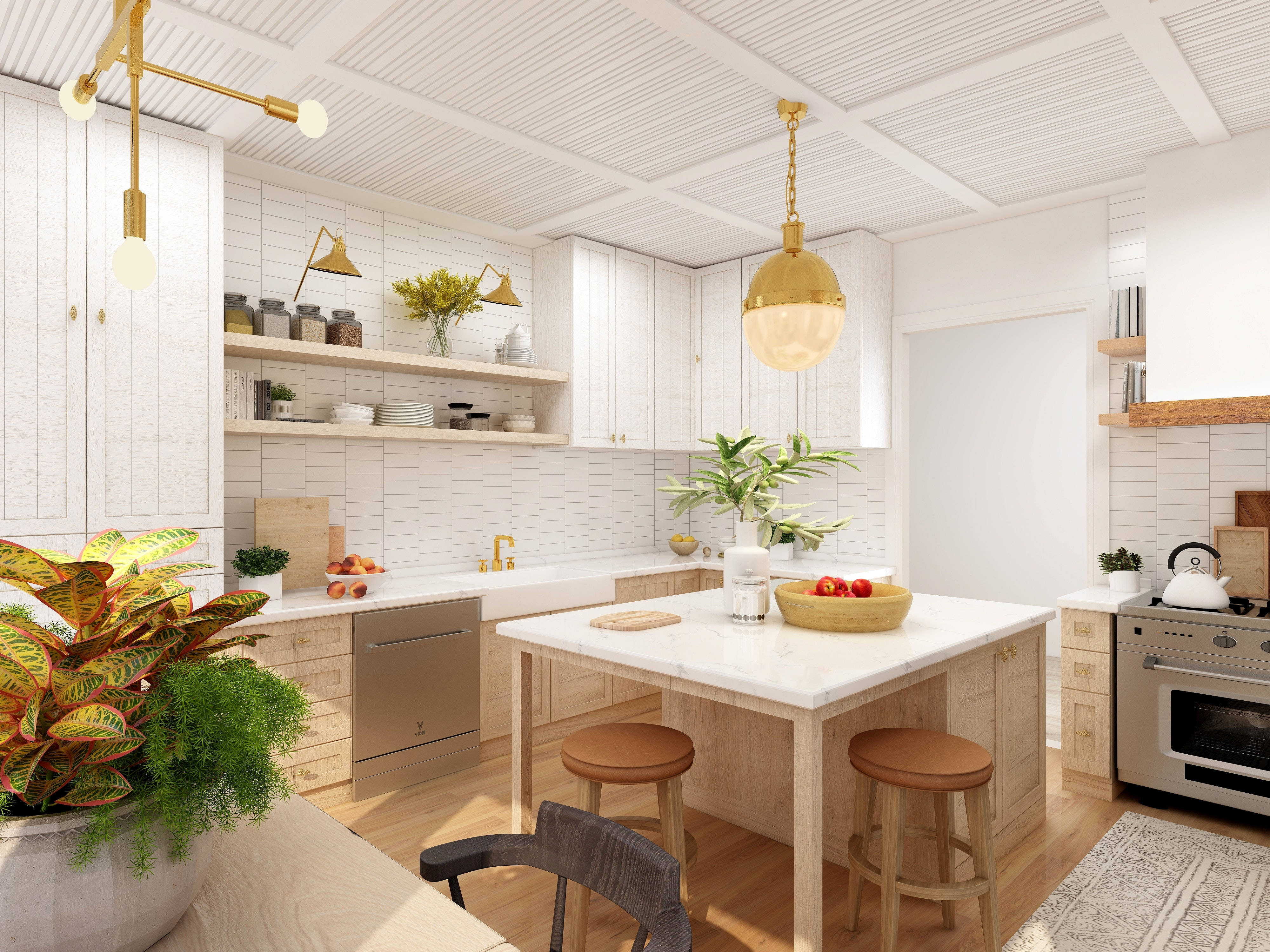 L-shaped kitchen, white cabinets, wooden island, 4K Desktop Wallpaper