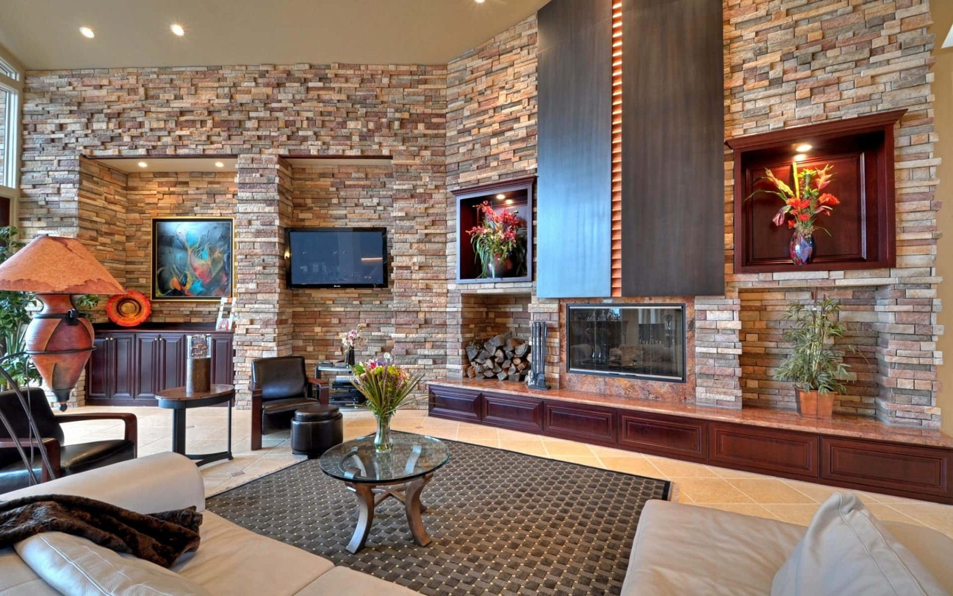 brick wall, stone fireplace, leather furniture, Full HD Desktop Wallpaper