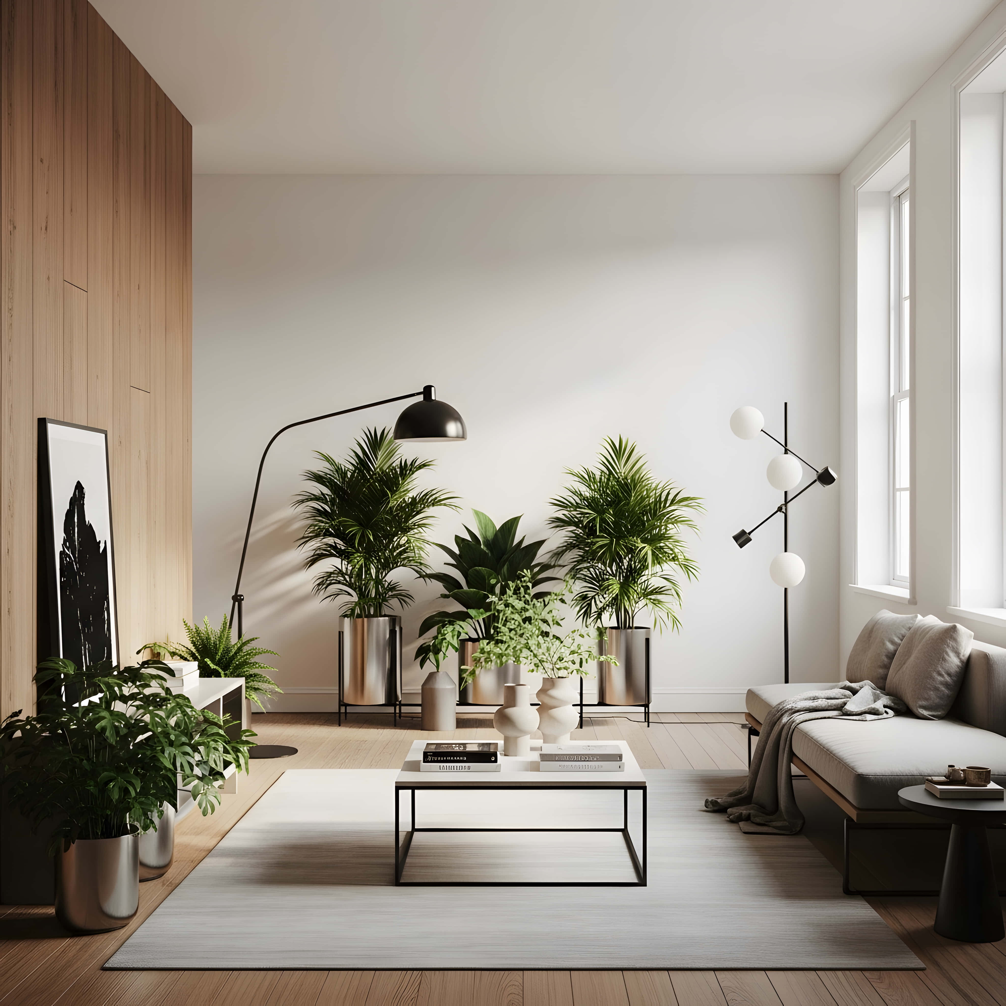 minimalist living room, wooden floors, white walls, 4K Desktop Wallpaper