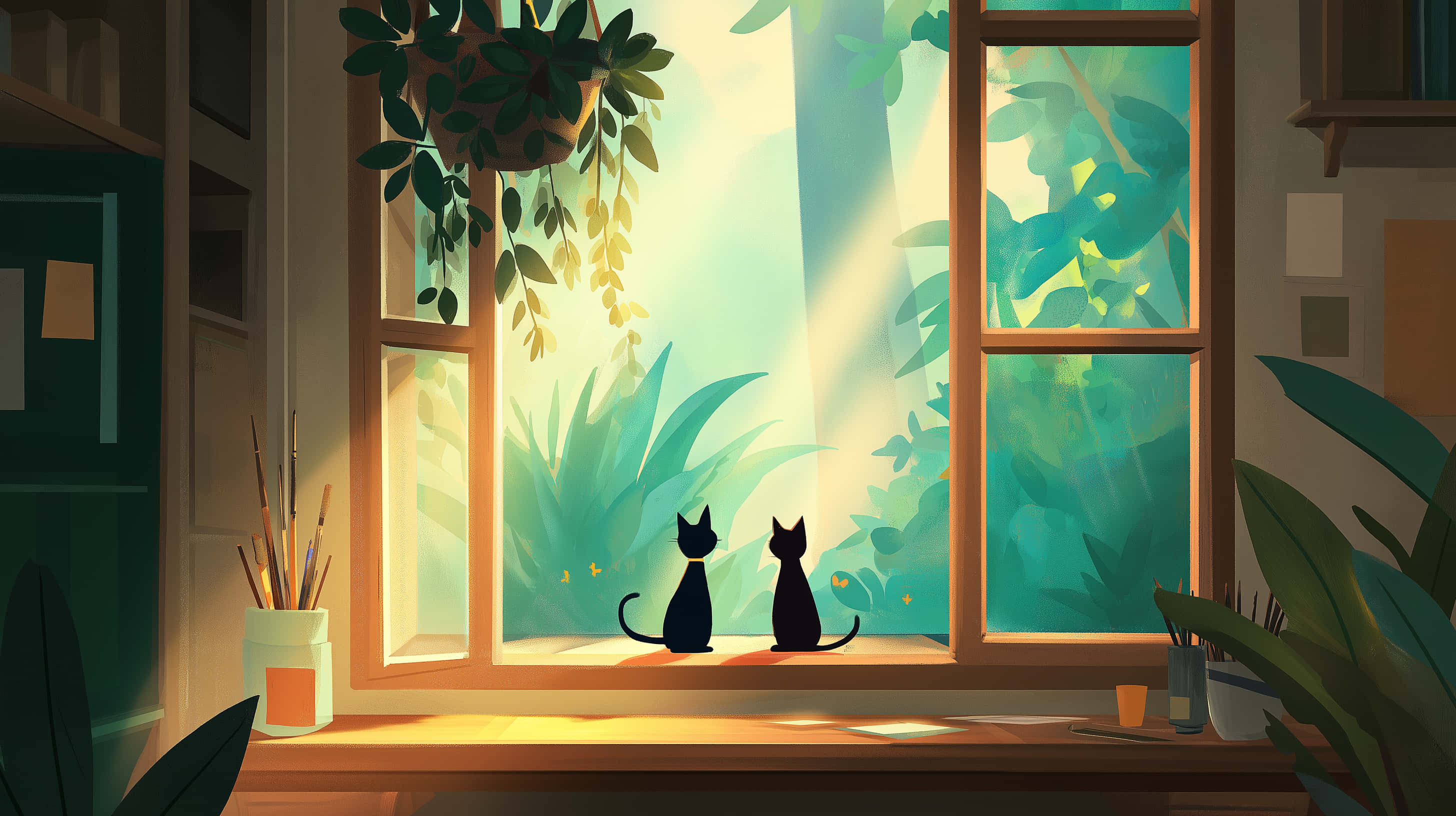 black cats, sunlit windowsill, lush green foliage, 2K Desktop Wallpaper