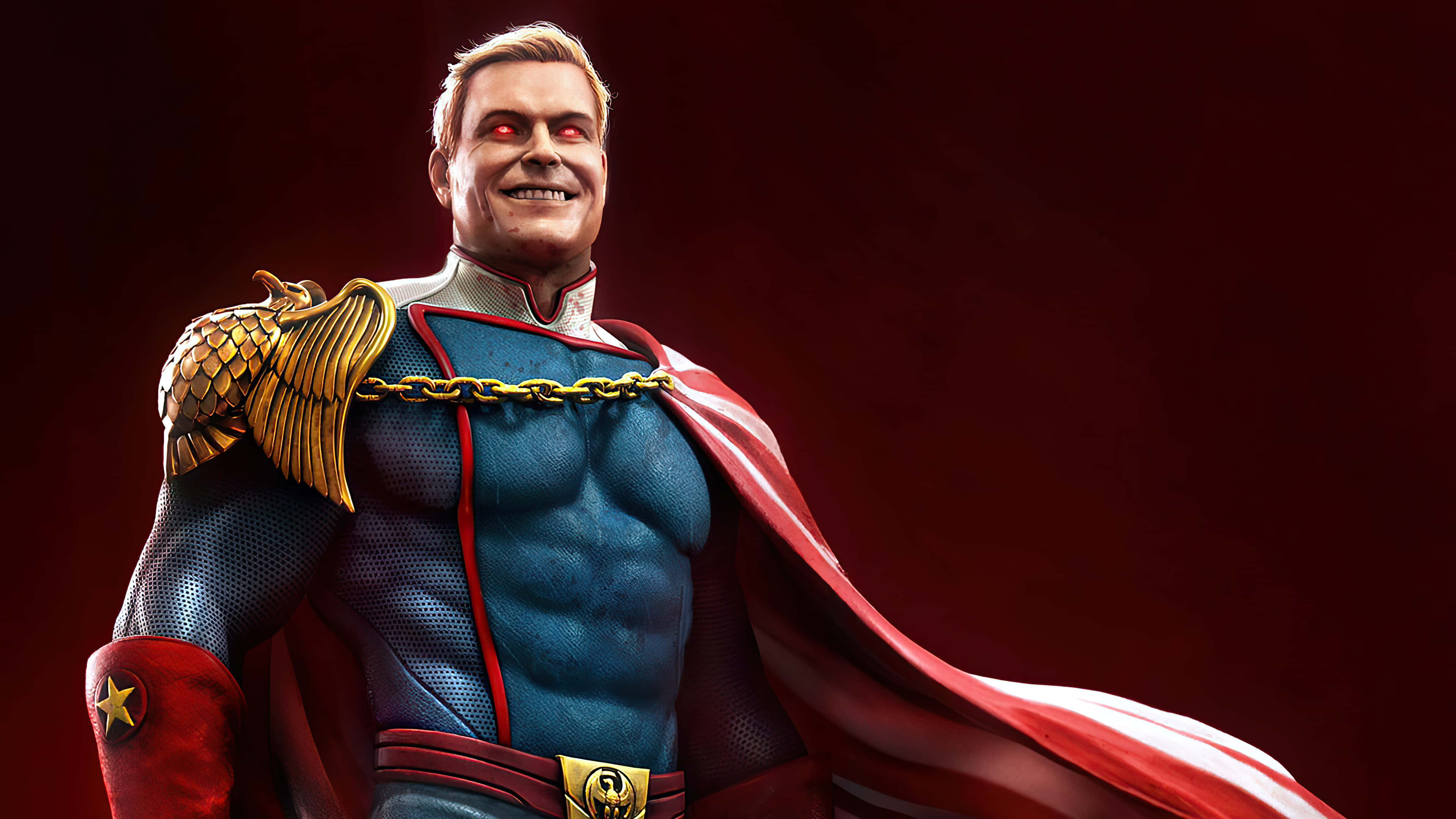 Homelander, glowing red eyes, golden eagle shoulder armor, 4K Desktop Wallpaper