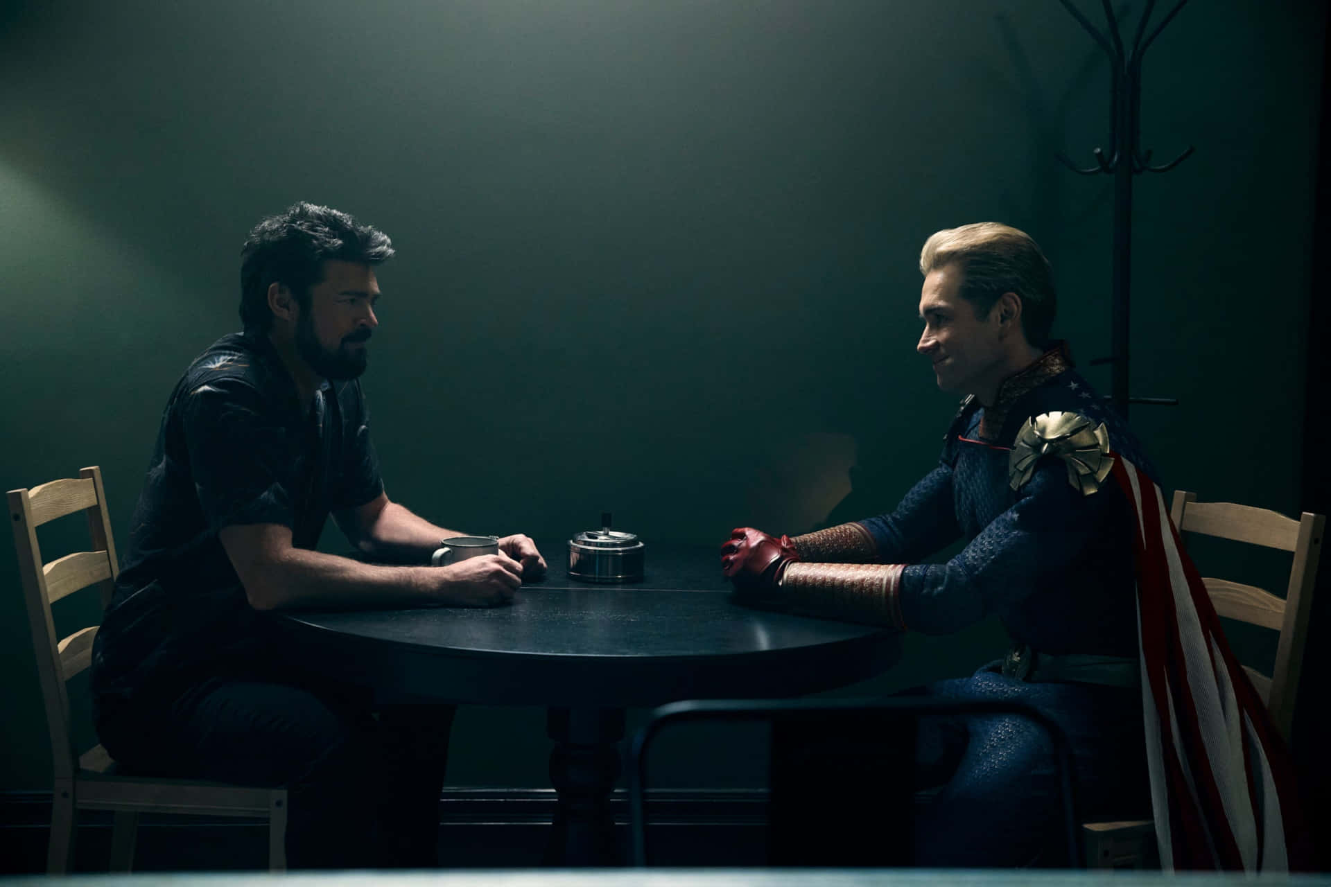 Homelander, interrogation scene, dimly lit table, Full HD Desktop Wallpaper