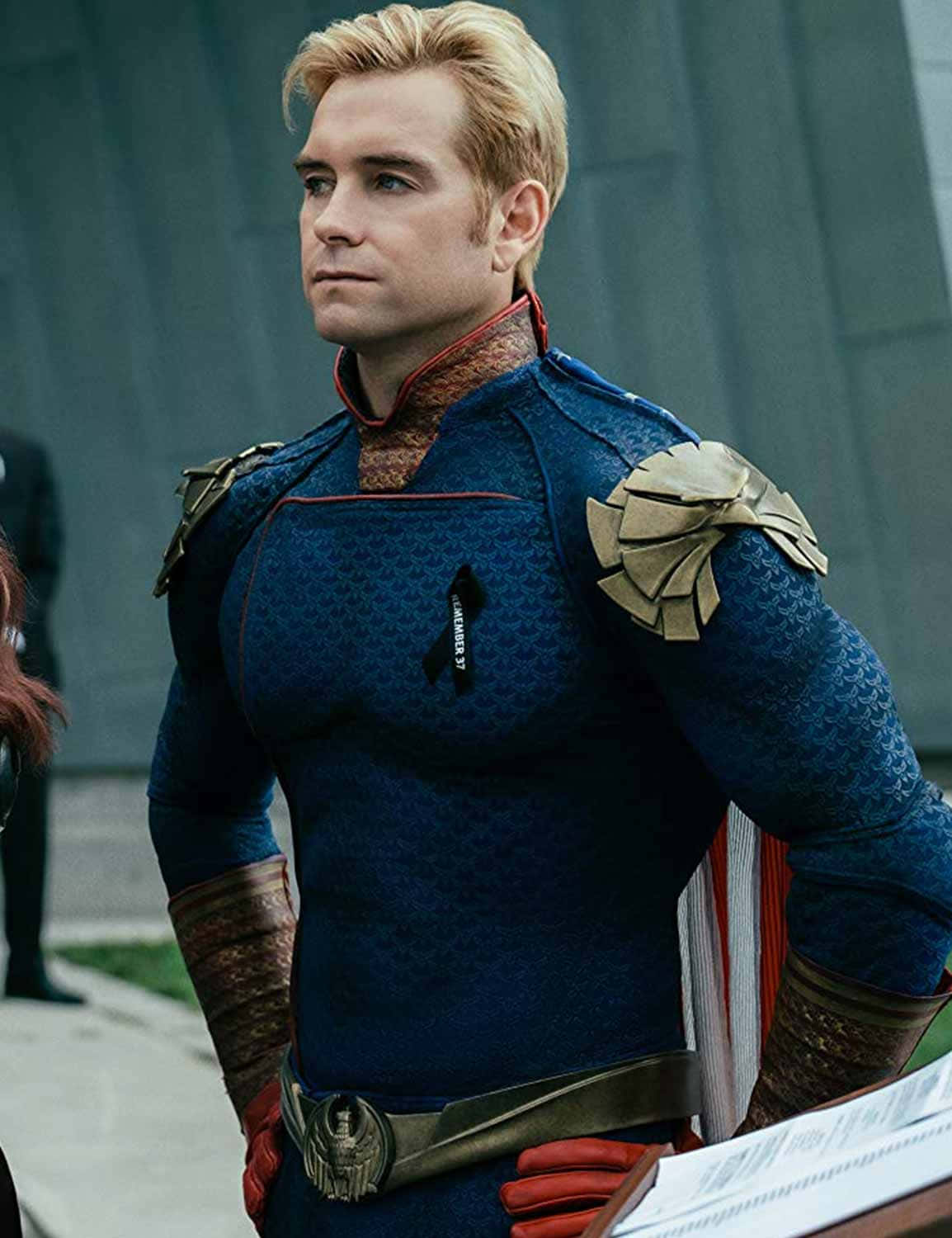 Homelander, textured blue superhero suit, gold shoulder pads, HD Phone Wallpaper