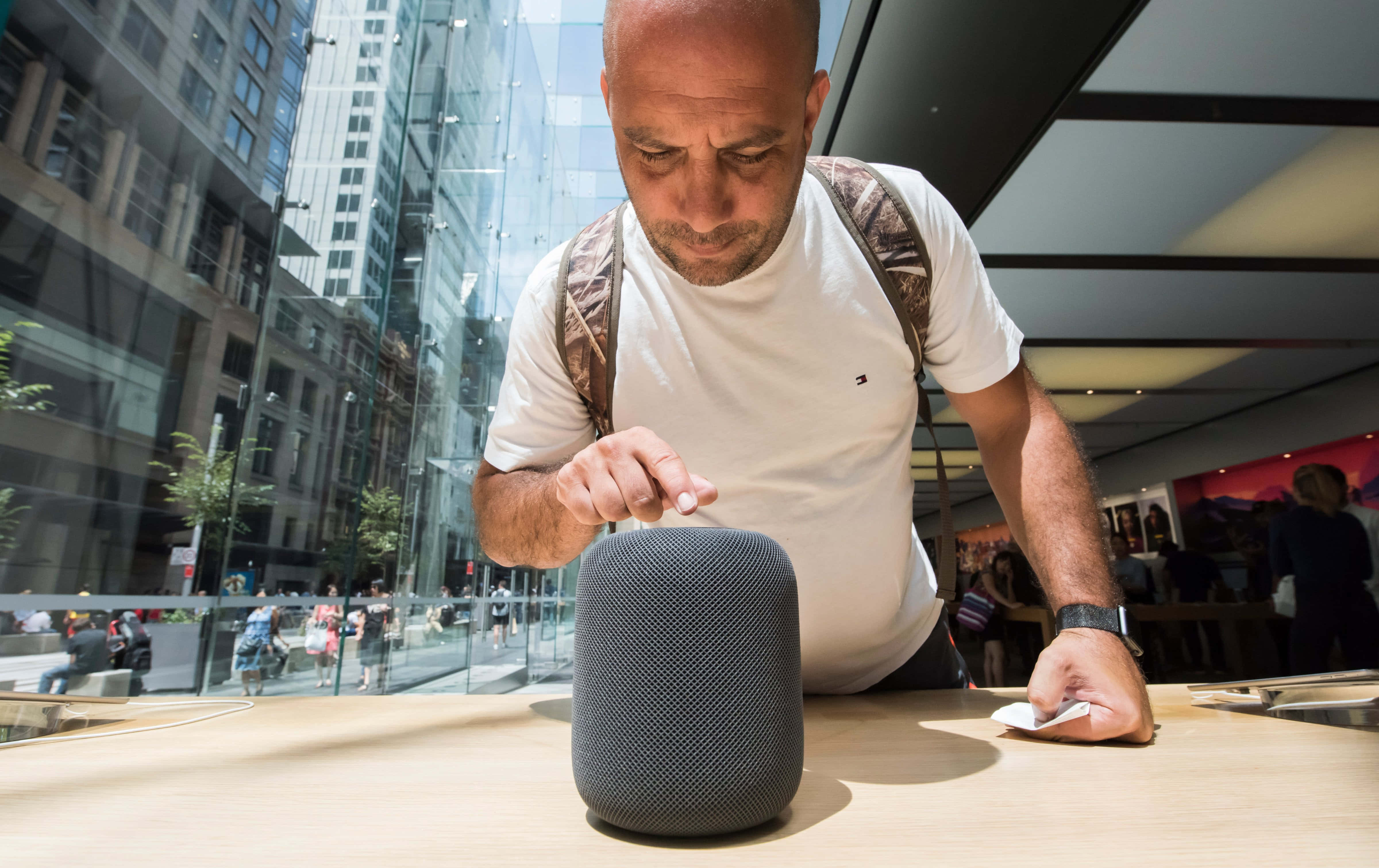 Homepod, white tshirt, wooden counter, 4K Desktop Wallpaper