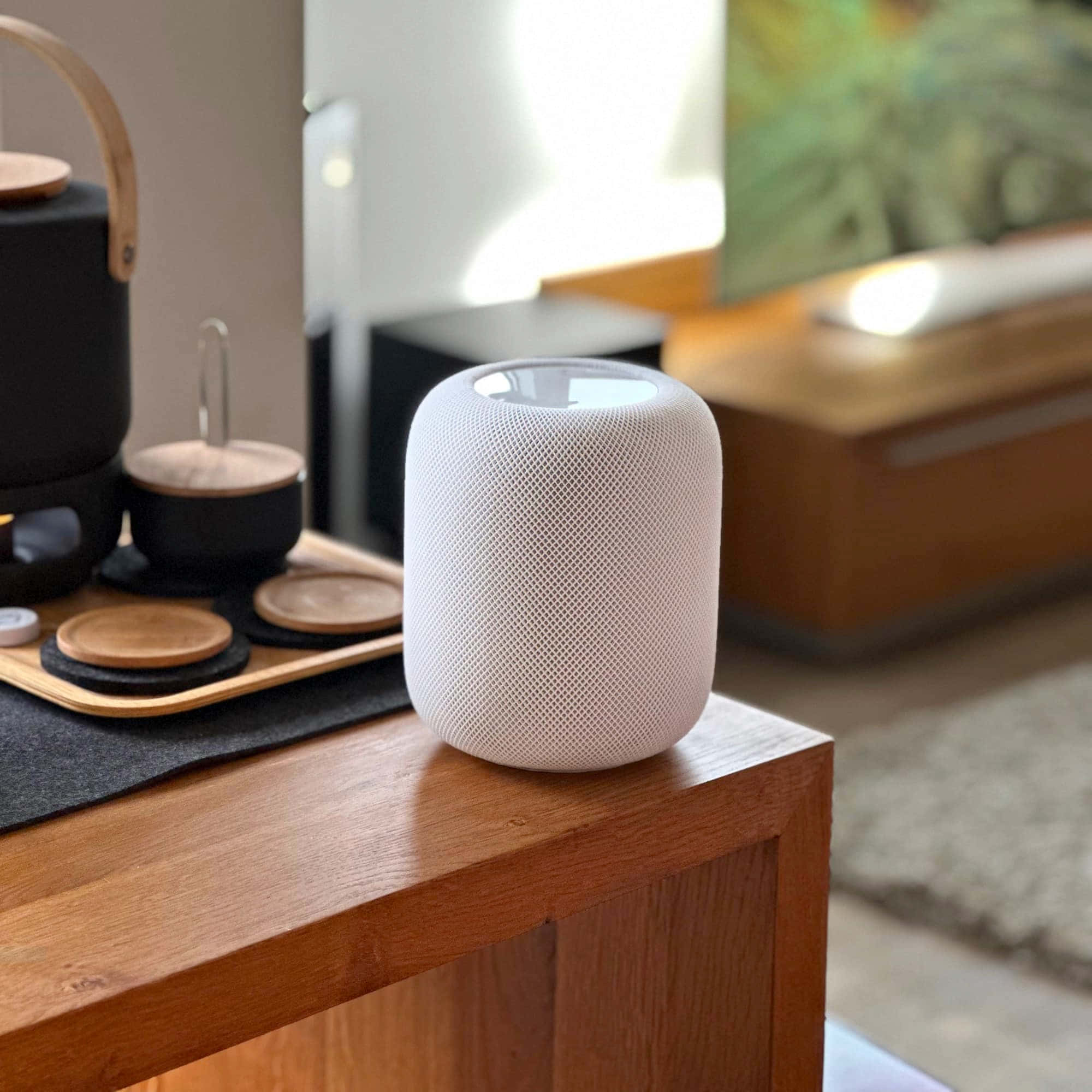 White Homepod, wooden side table, tea set, Full HD Desktop Wallpaper