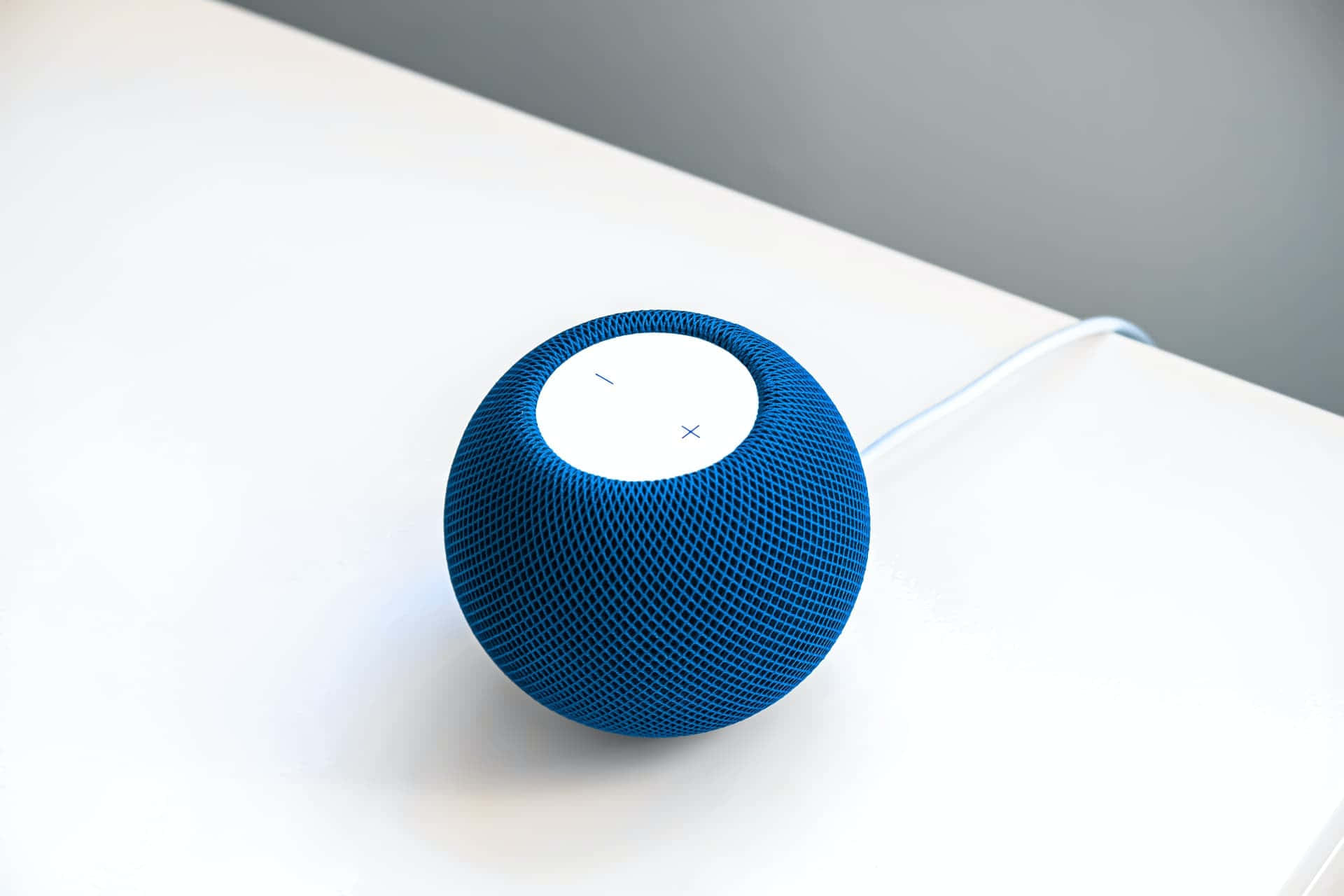 Blue Homepod, white top, clean white surface, Full HD Desktop Wallpaper