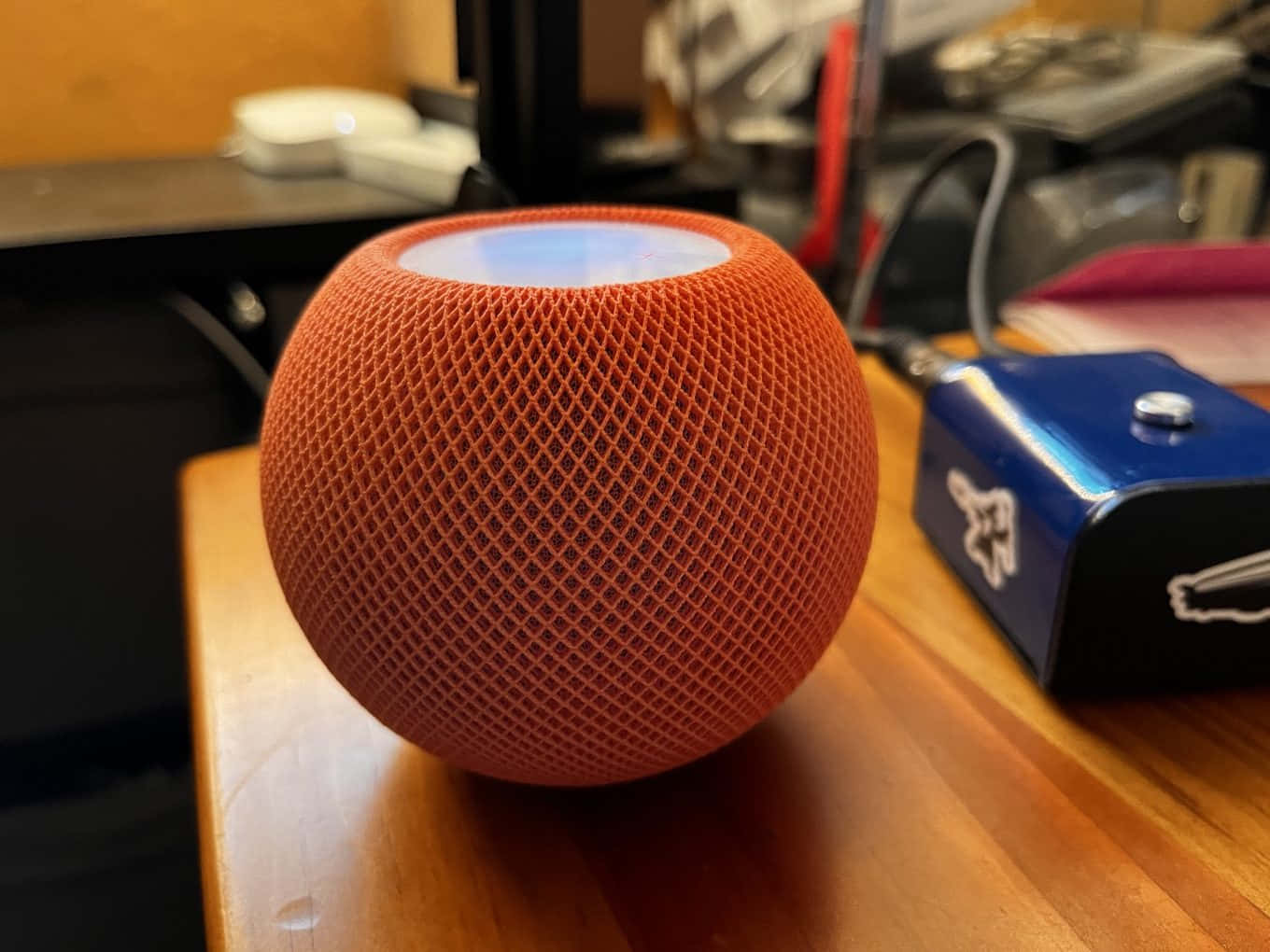 Orange Homepod, spherical smart speaker, mesh texture, HD Desktop Wallpaper