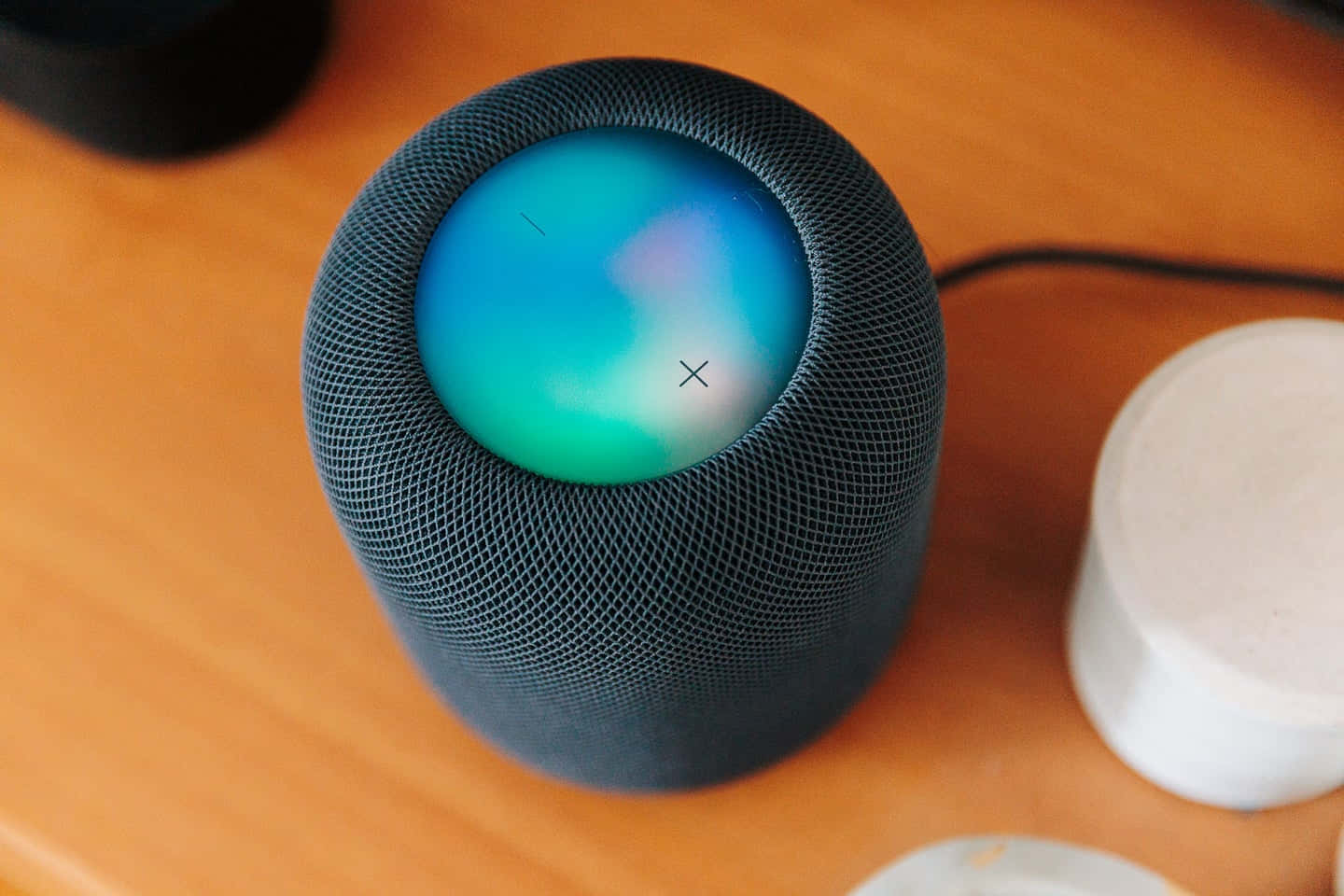Homepod, black, glowing blue and teal circular display, HD Desktop Wallpaper