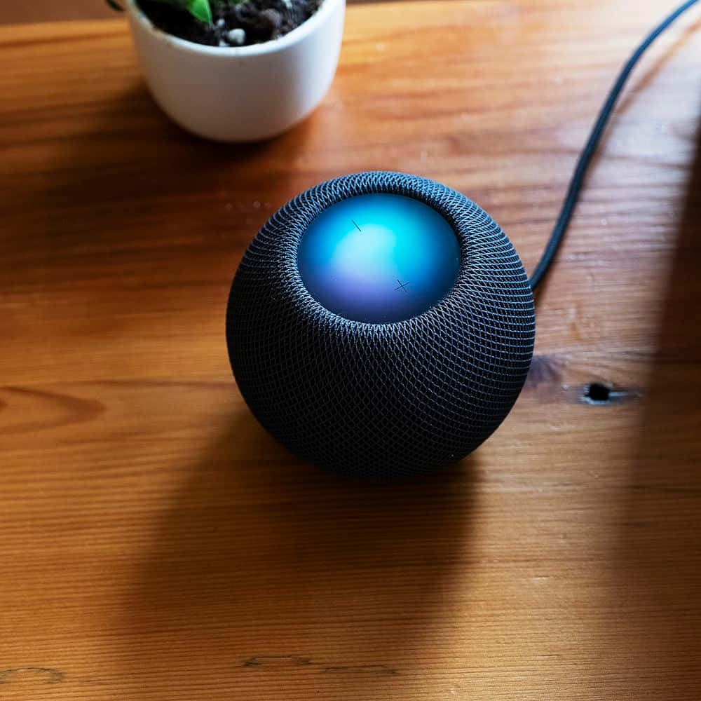 Black Homepod, wooden table, glowing blue light, SD Desktop Wallpaper