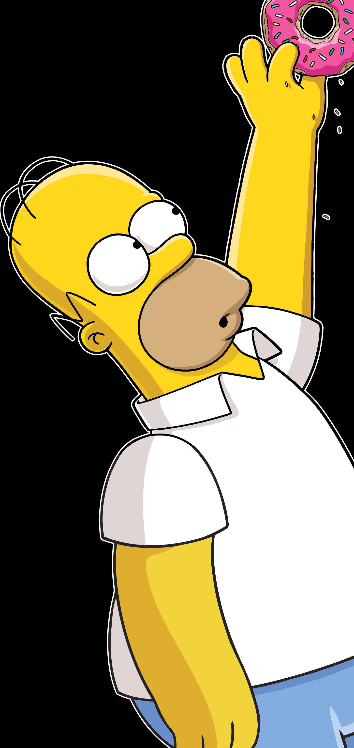 Homer Simpson, pink frosted donut, stark black background, 2K Phone Wallpaper