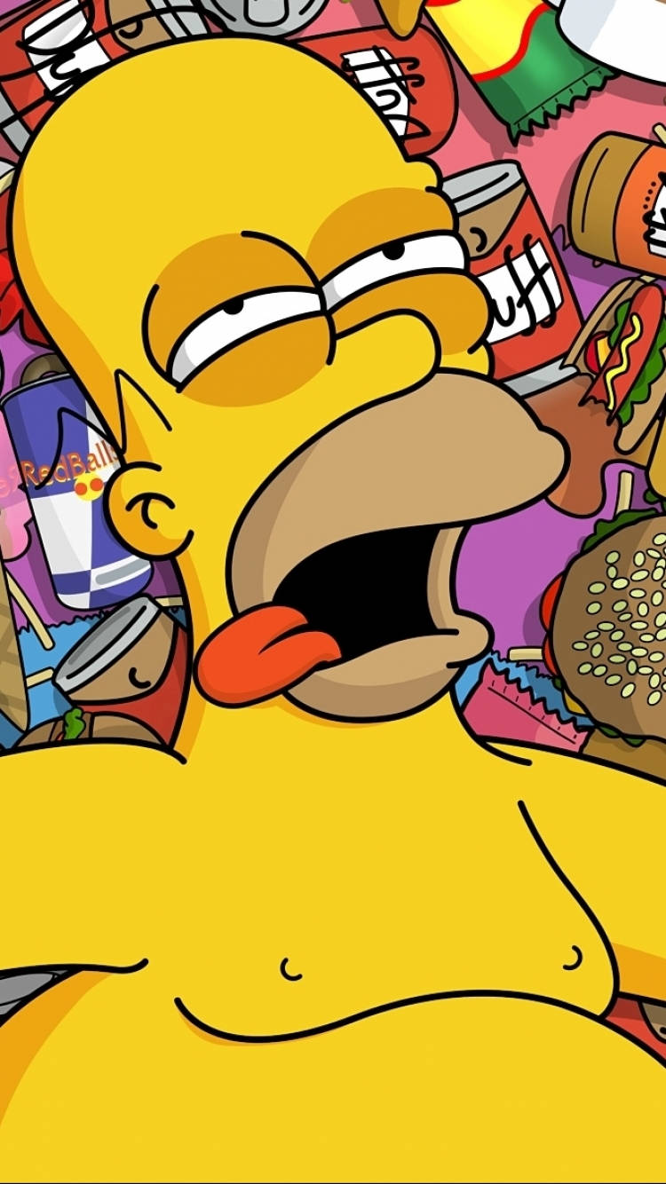 Homer Simpson, funny drunk face, chaotic pile of fast food, HD Phone Wallpaper
