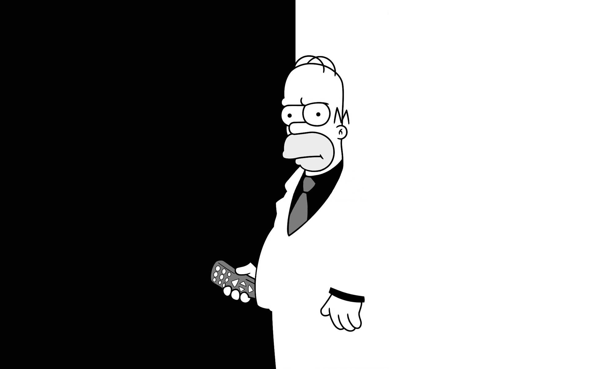 Homer Simpson, black and white, remote, Full HD Desktop Wallpaper