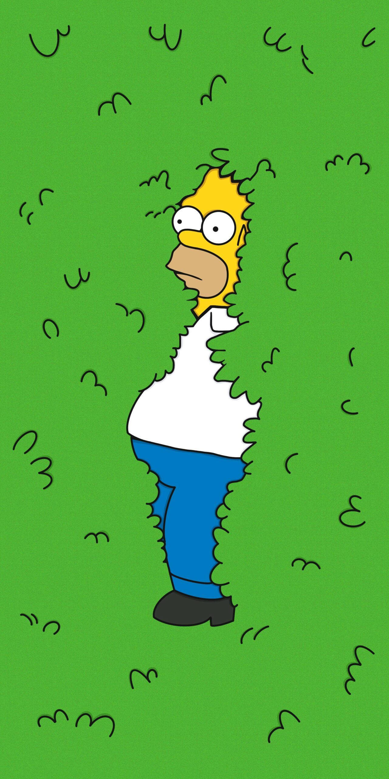 Homer Simpson, cartoon illustration, stylized green grass, 2K Phone Wallpaper