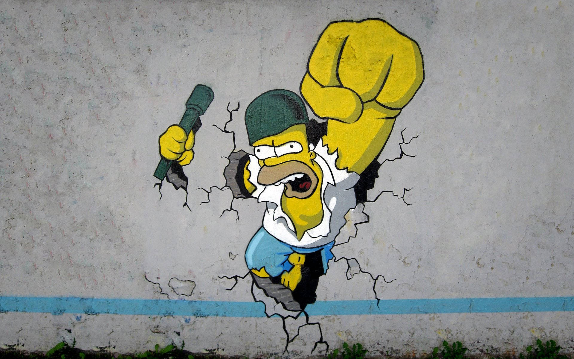 Homer Simpson, graffiti, cracked concrete wall, Full HD Desktop Wallpaper