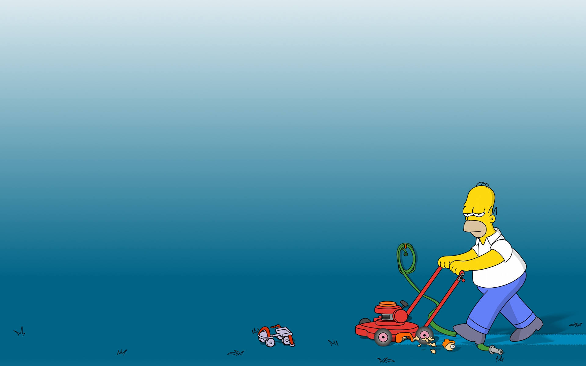 Homer Simpson, red lawnmower, gradient blue background, Full HD Desktop Wallpaper