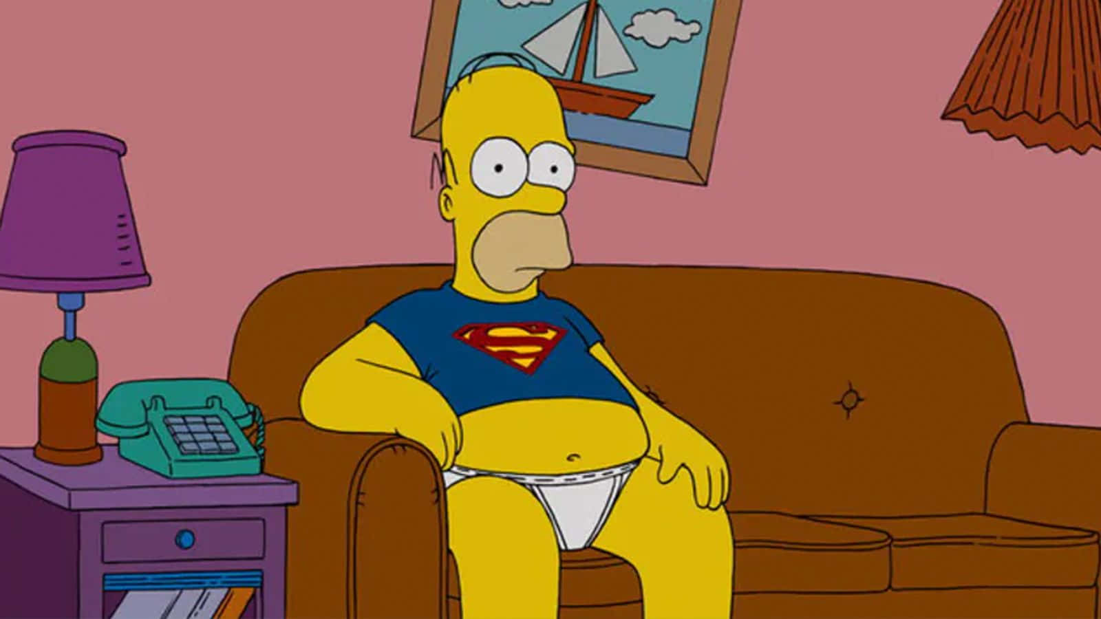 Homer Simpson, Superman t-shirt, brown couch, HD Desktop Wallpaper