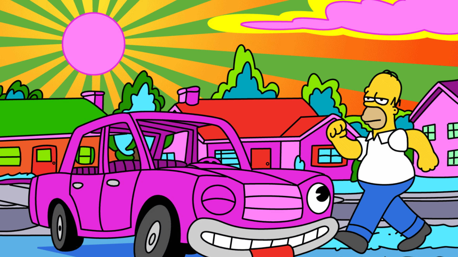 Homer Simpson, psychedelic sunburst sky, rainbow clouds, Full HD Desktop Wallpaper