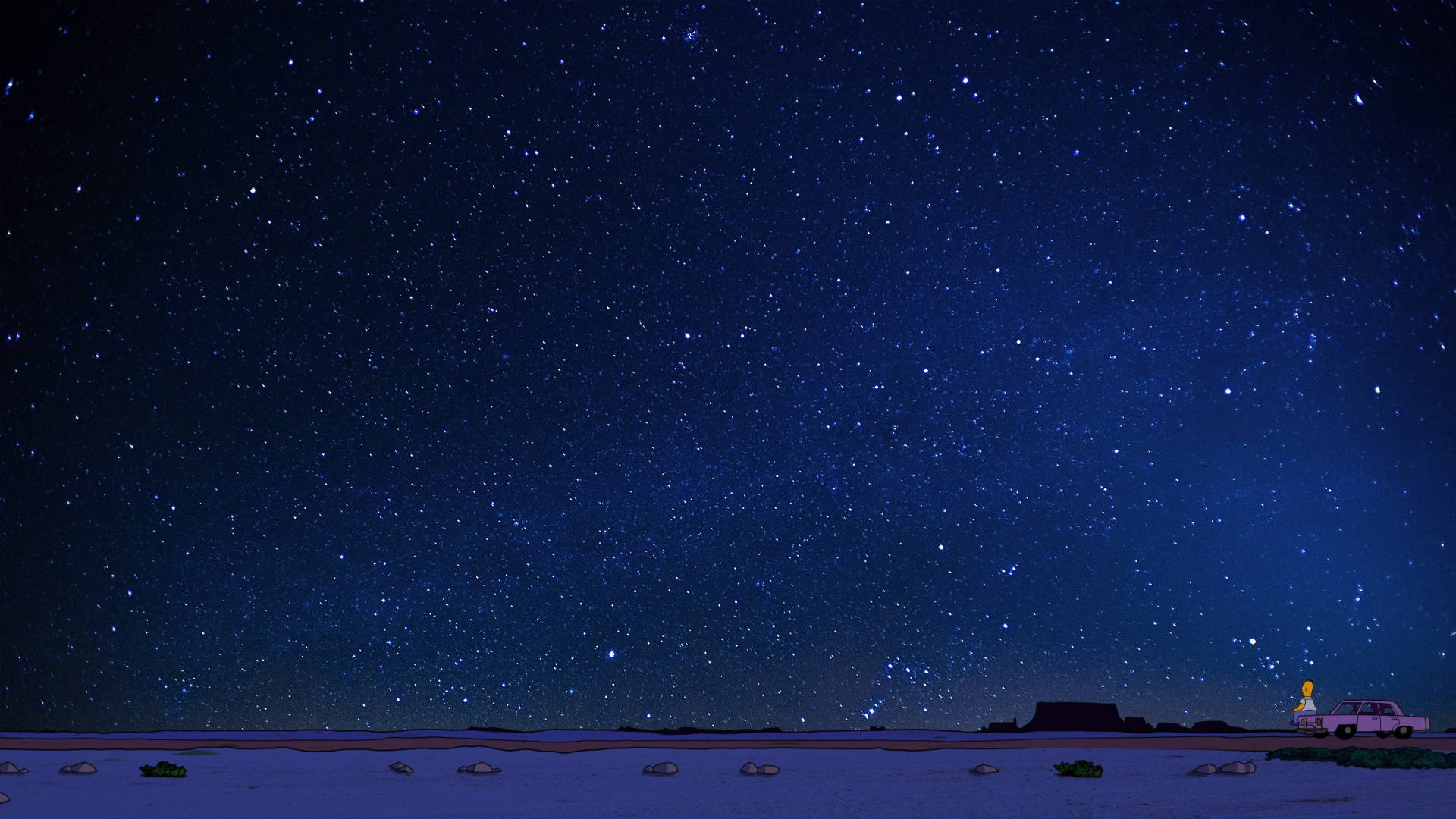Homer Simpson, pink car, starry night sky, Full HD Desktop Wallpaper