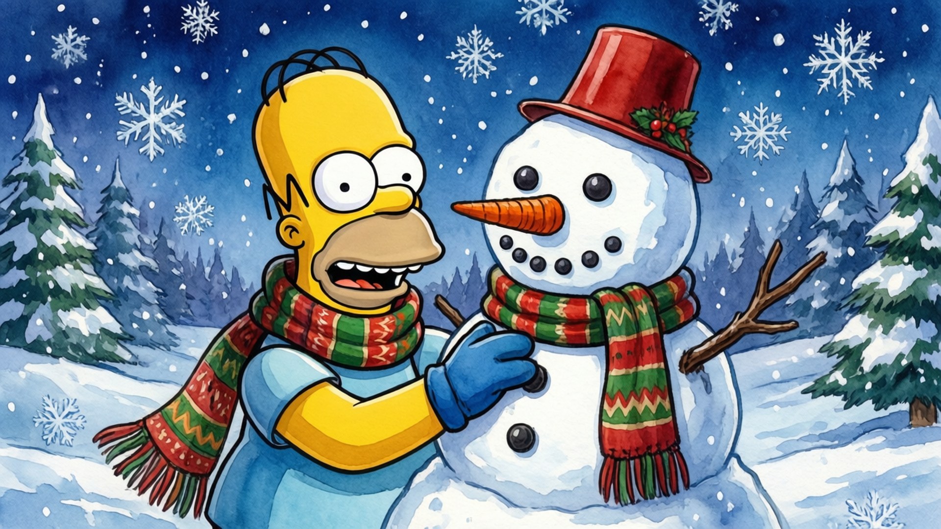 Homer Simpson, snowy forest, snowman, Full HD Desktop Wallpaper