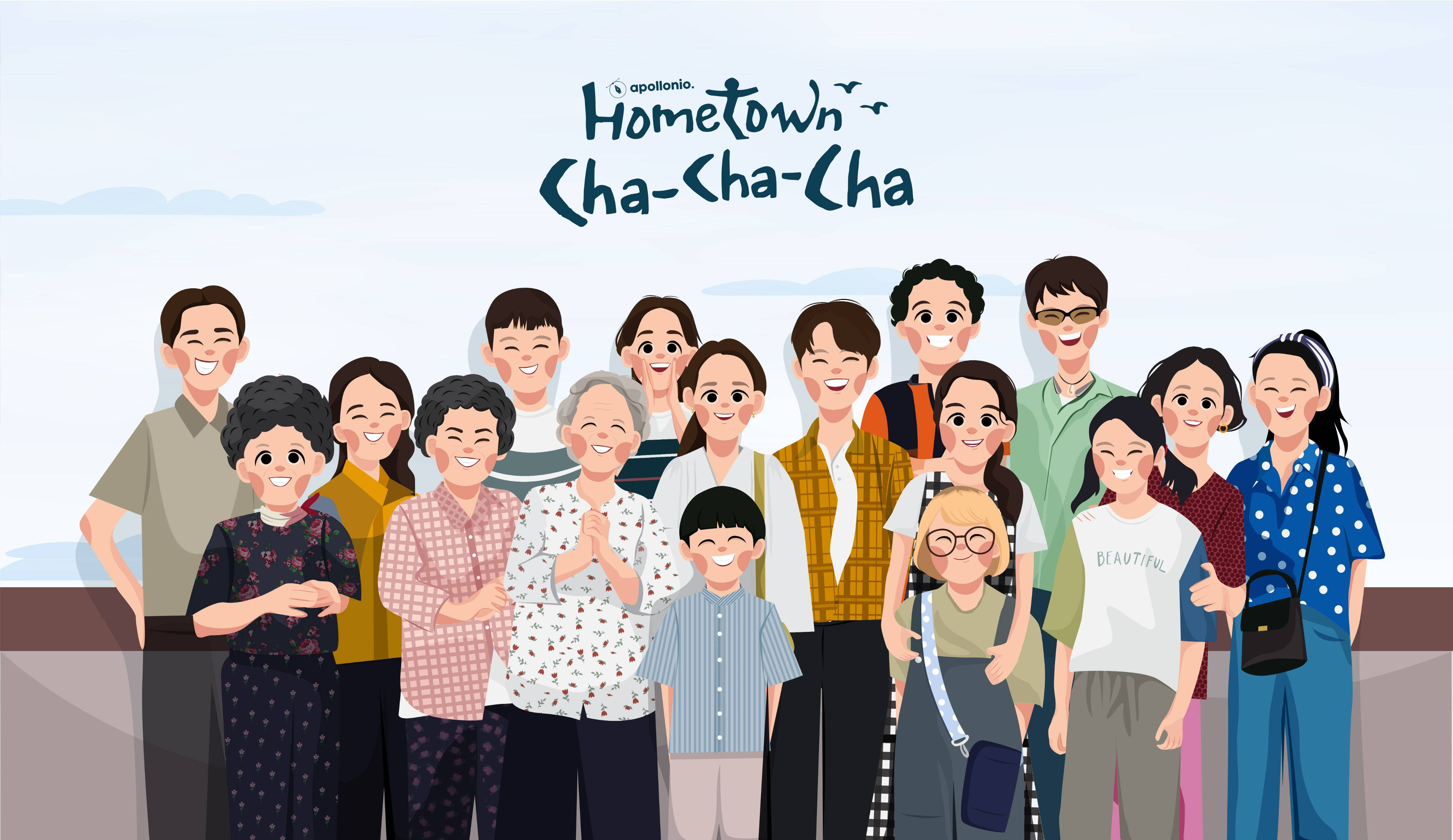 Hometown Cha Cha Cha, cartoon family group, soft sky, 4K Desktop Wallpaper
