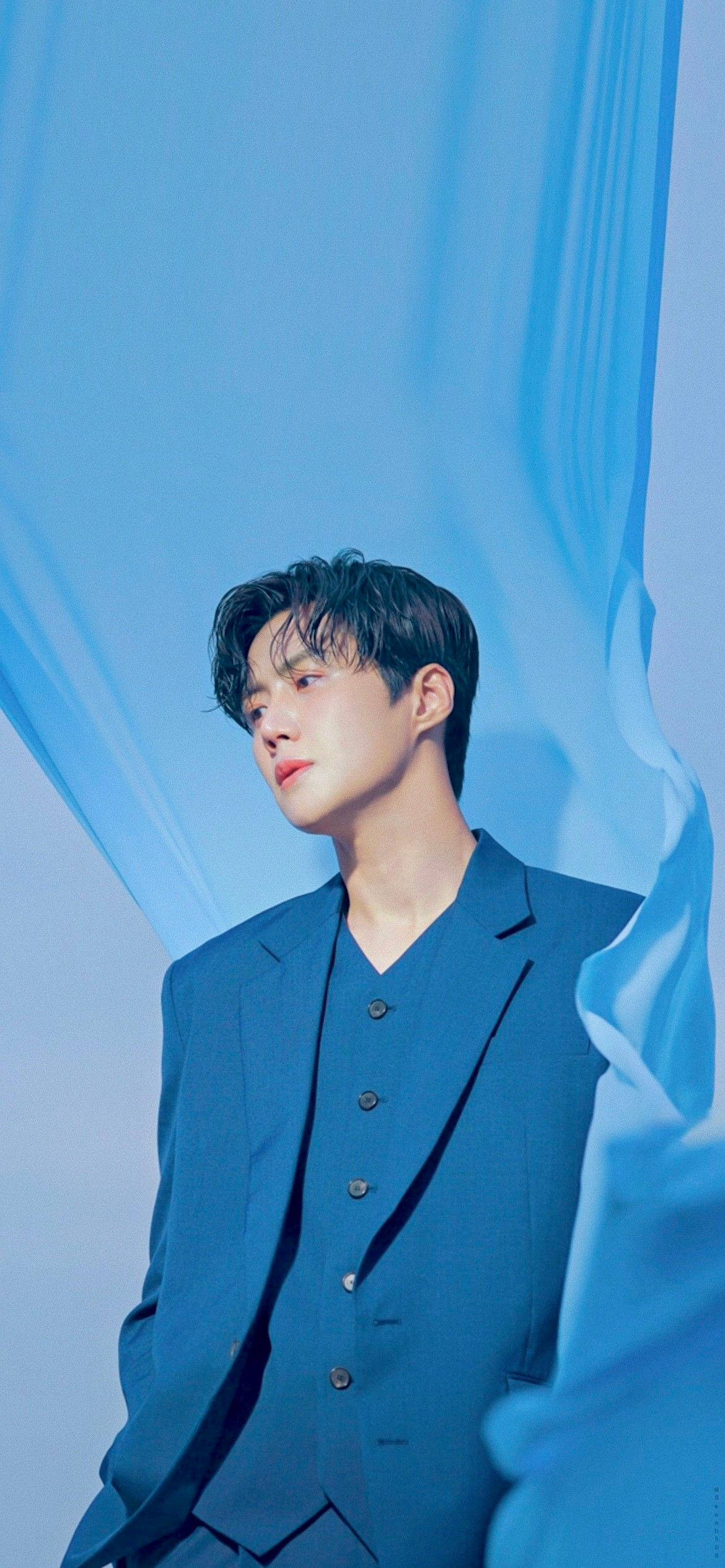 Hometown Cha Cha Cha, blue suit, blue fabric backdrop, Full HD Phone Wallpaper