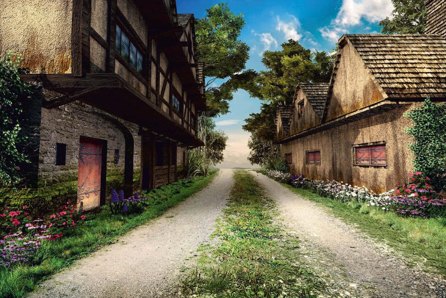 rural village, traditional houses, cobblestone path, HD Desktop Wallpaper