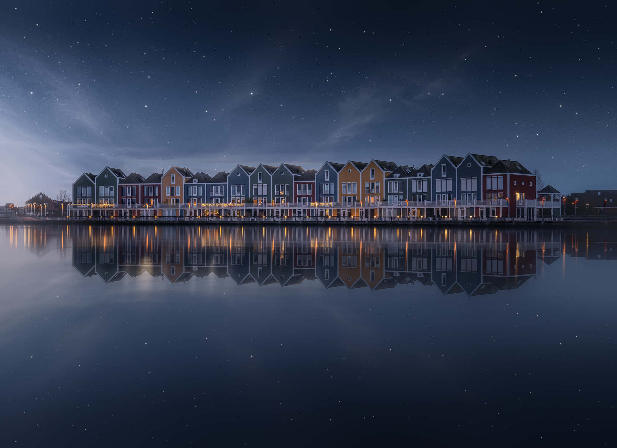 colorful houses, night, waterfront, Full HD Desktop Wallpaper