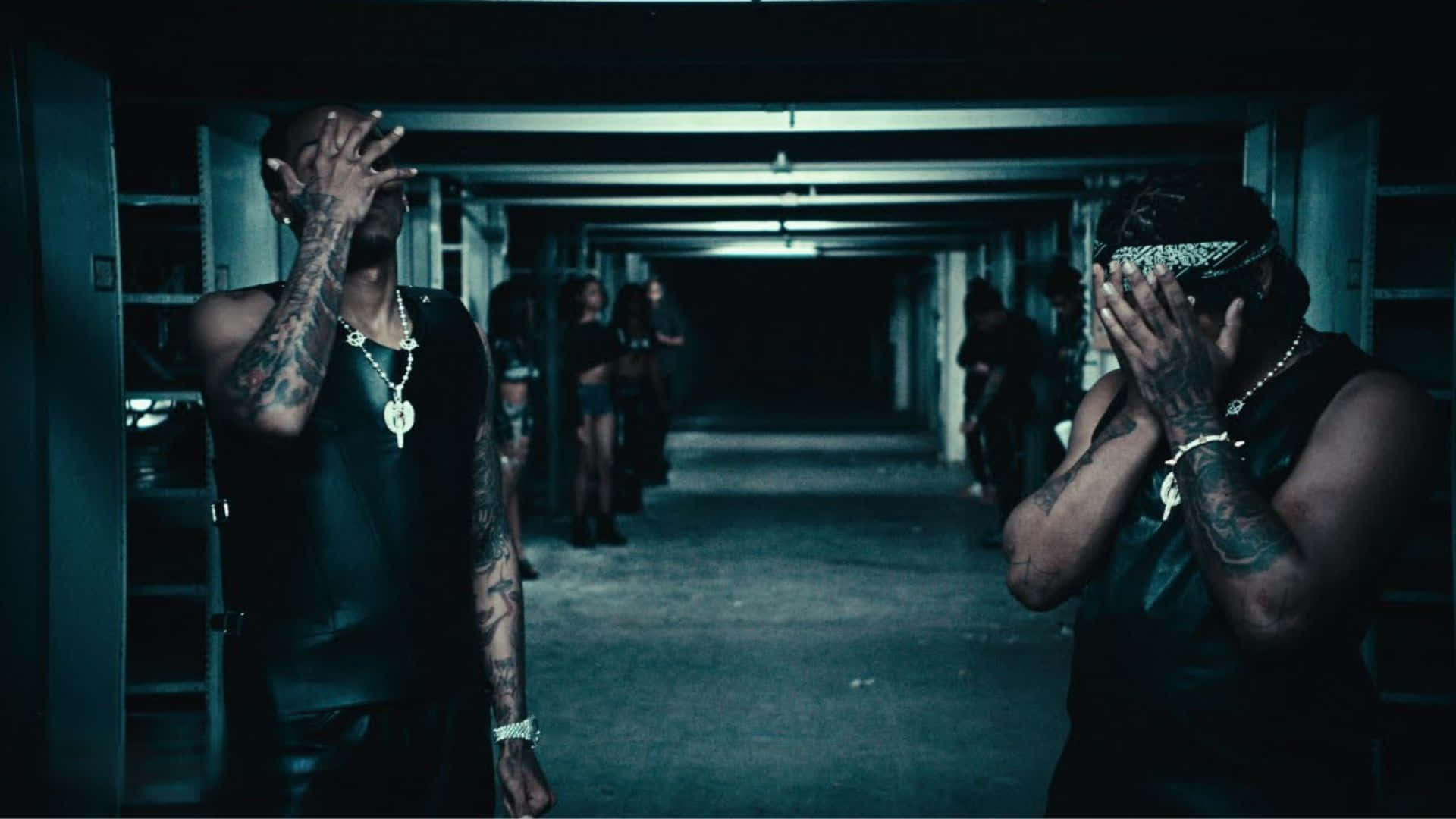 Homixide Gang, tattooed men, dimly lit industrial corridor, Full HD Desktop Wallpaper
