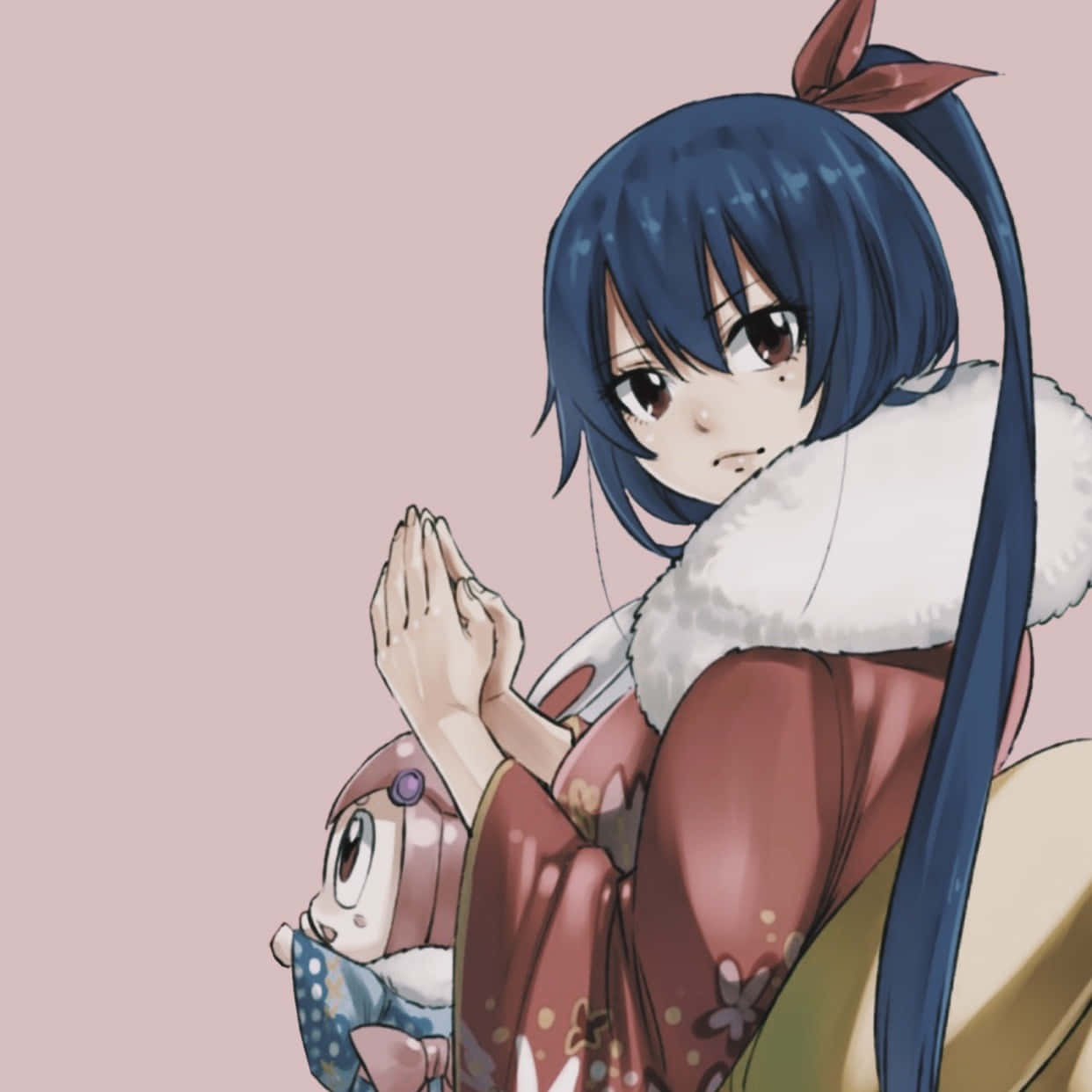Homura Kōgetsu, blue-haired anime girl, red kimono, SD Desktop Wallpaper