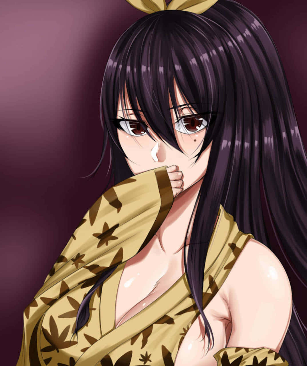 Homura Kōgetsu, dark-haired anime girl, patterned yellow kimono, HD Phone Wallpaper
