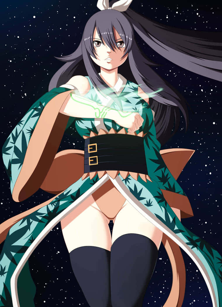 Homura Kōgetsu, long dark hair, green leaf-patterned outfit, SD Phone Wallpaper