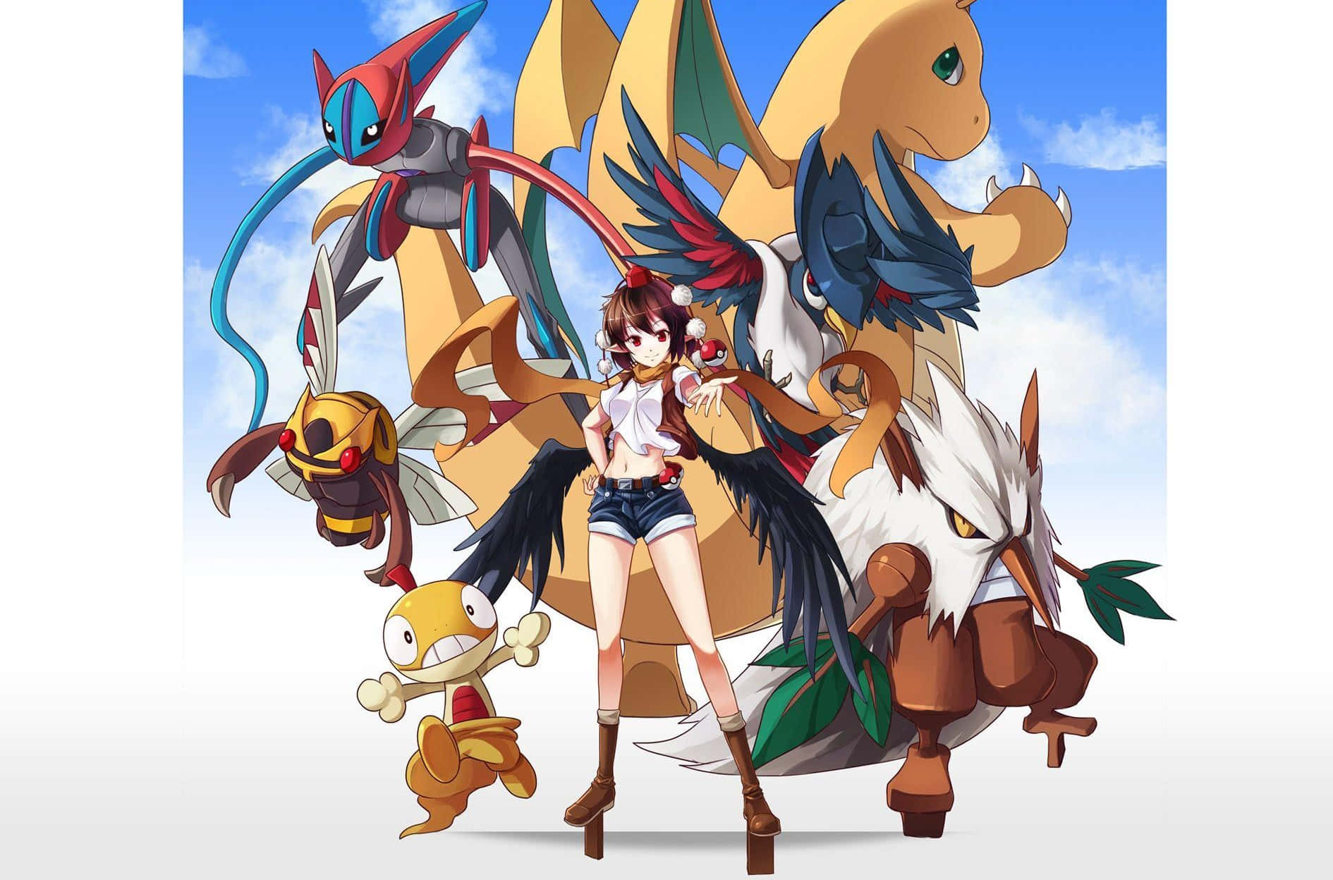 Honchkrow, anime girl, six colorful Pokémon, HD Desktop Wallpaper