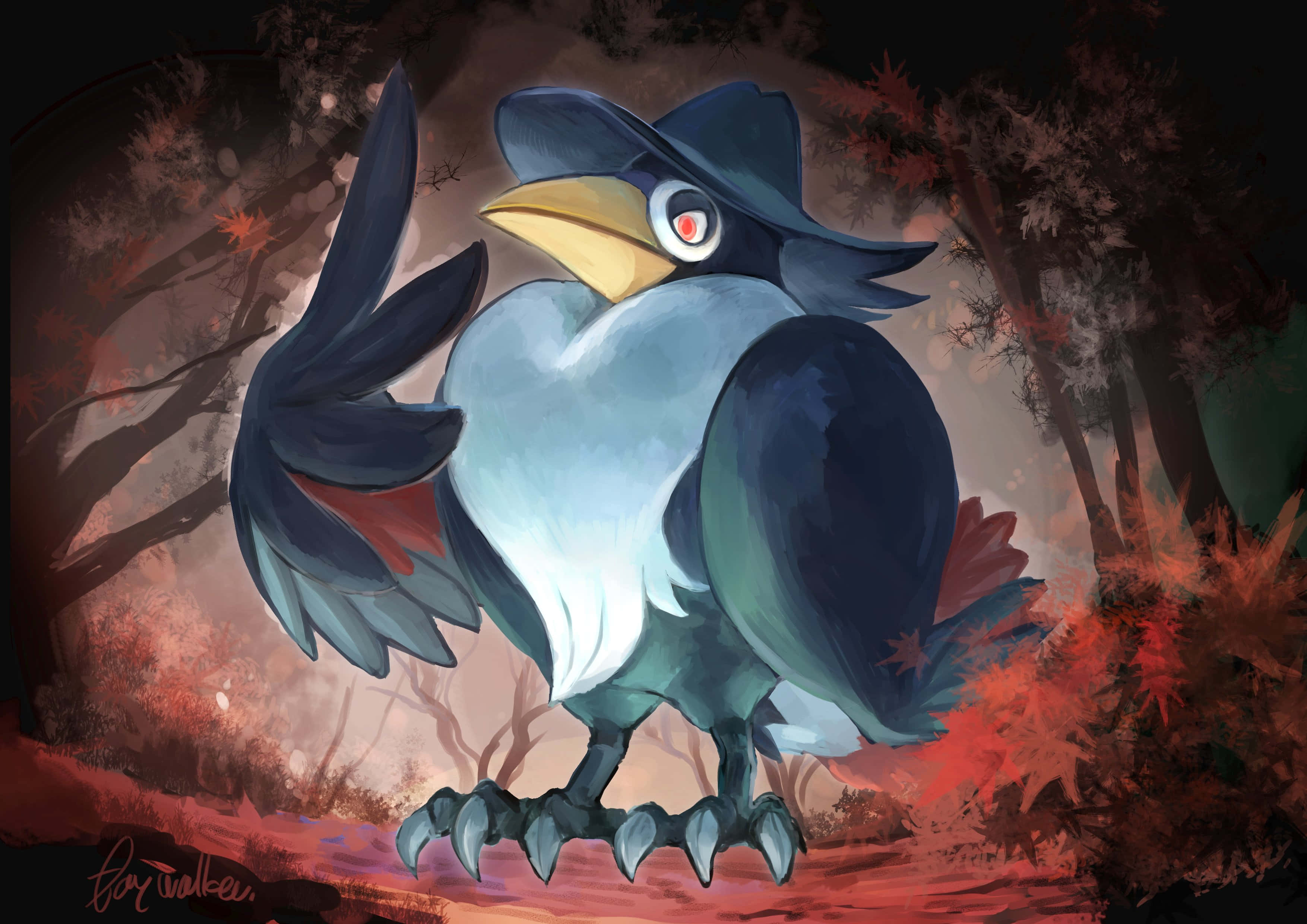 Honchkrow, blue bird, red eye, 2K Desktop Wallpaper