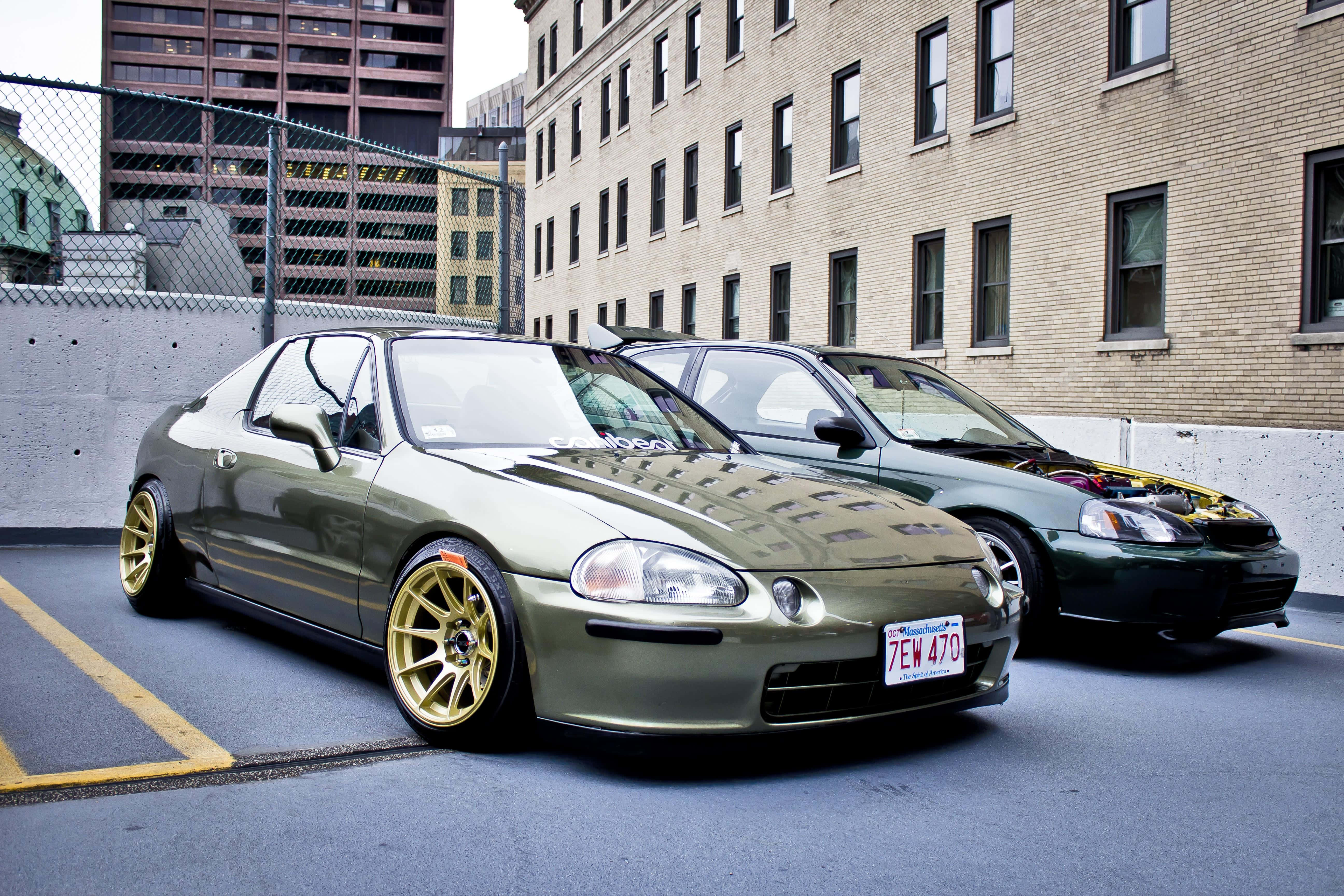 Honda Civic Del Sol, olive green, gold rims, 5K Desktop Wallpaper