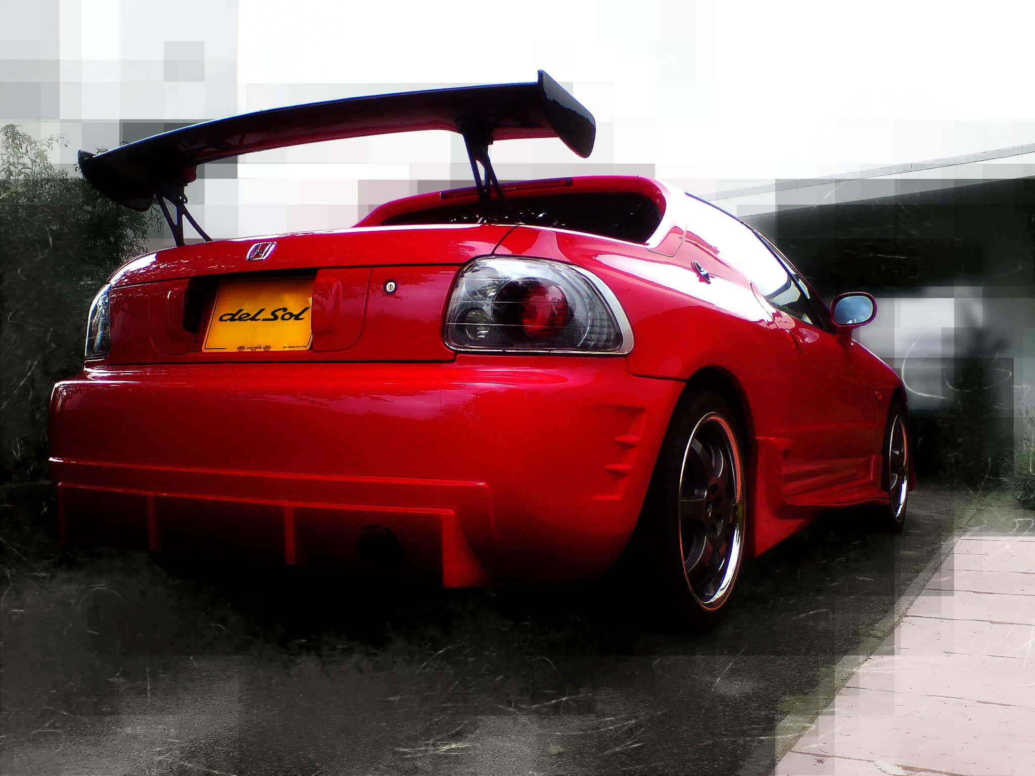 Honda Civic Del Sol, glossy red, large rear wing, Full HD Desktop Wallpaper