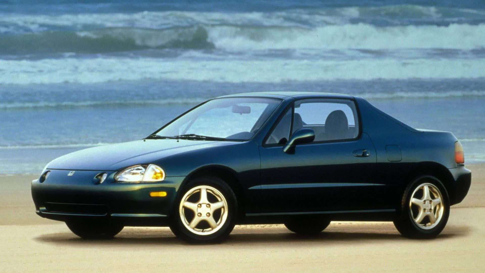 Honda Civic Del Sol, dark blue, sandy beach, Full HD Desktop Wallpaper
