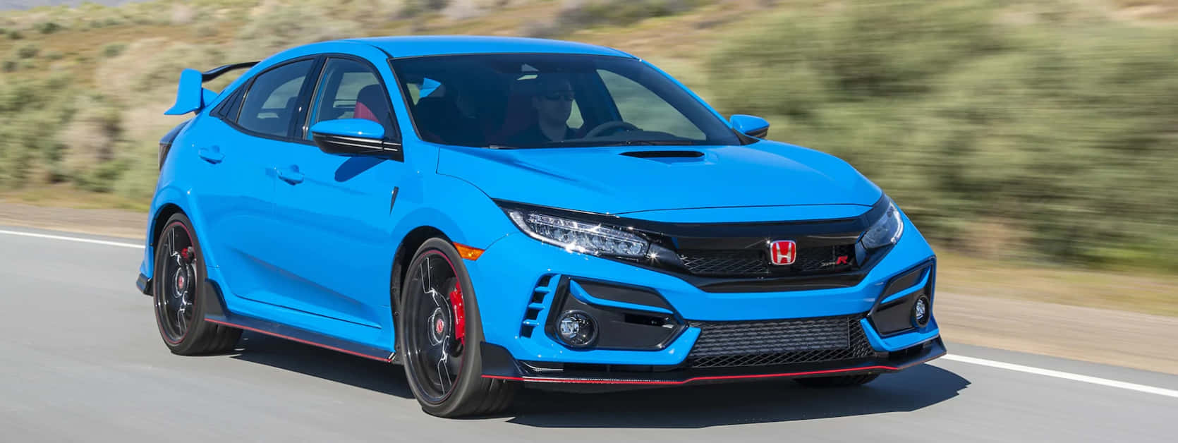 Honda Civic Type R, vibrant blue, sunlit highway, HD Desktop Wallpaper