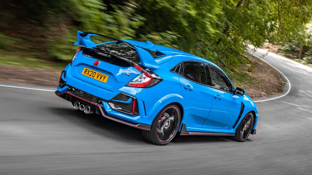 Honda Civic Type R, vibrant blue, winding forest road, SD Desktop Wallpaper