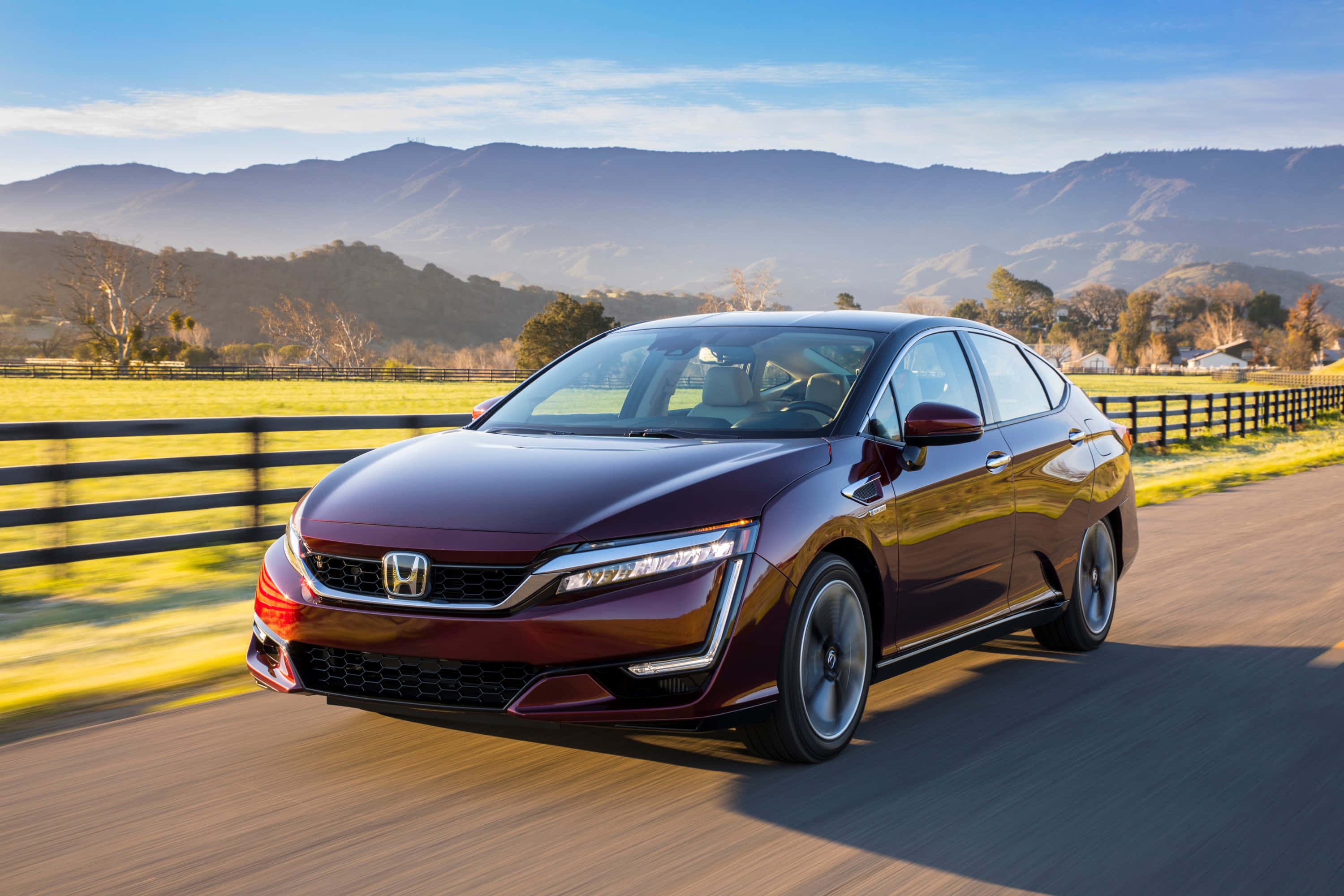 Honda Clarity, maroon, sunlit country road, 2K Desktop Wallpaper