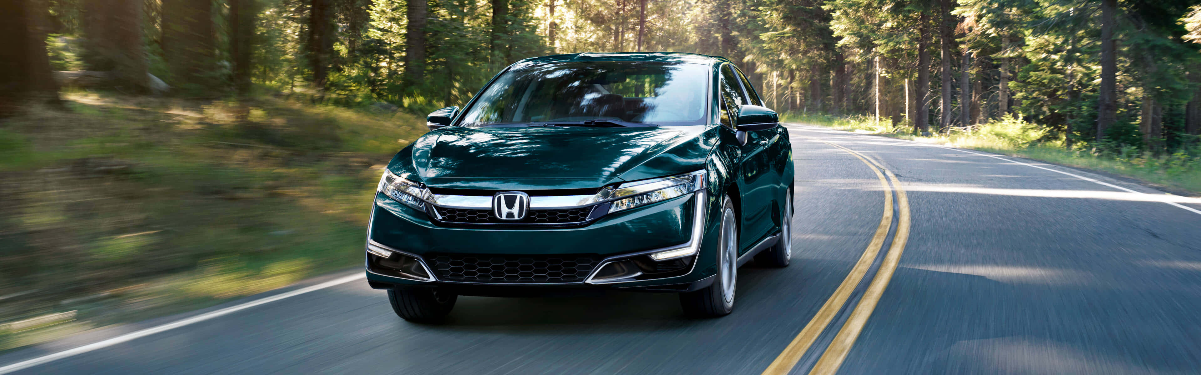 Honda Clarity, dark green, winding forest road, 4K Desktop Wallpaper