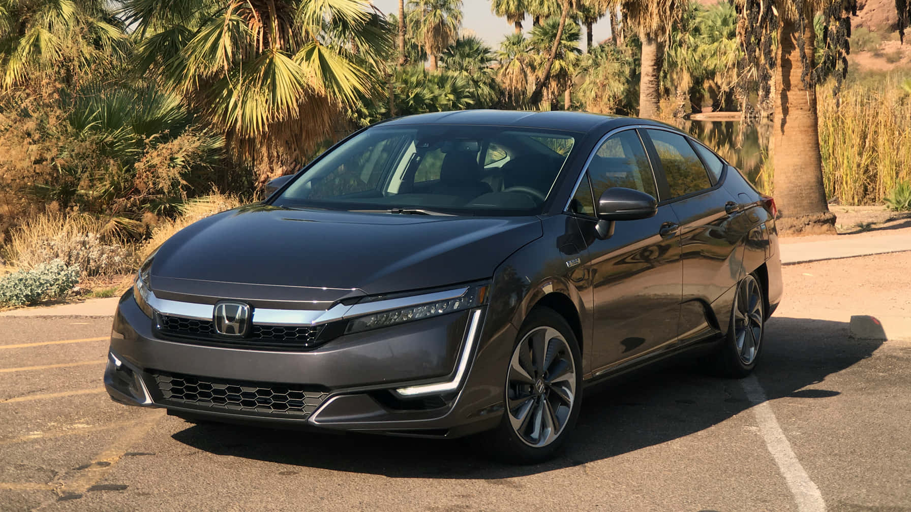 Honda Clarity, dark gray, desert parking lot, HD Desktop Wallpaper