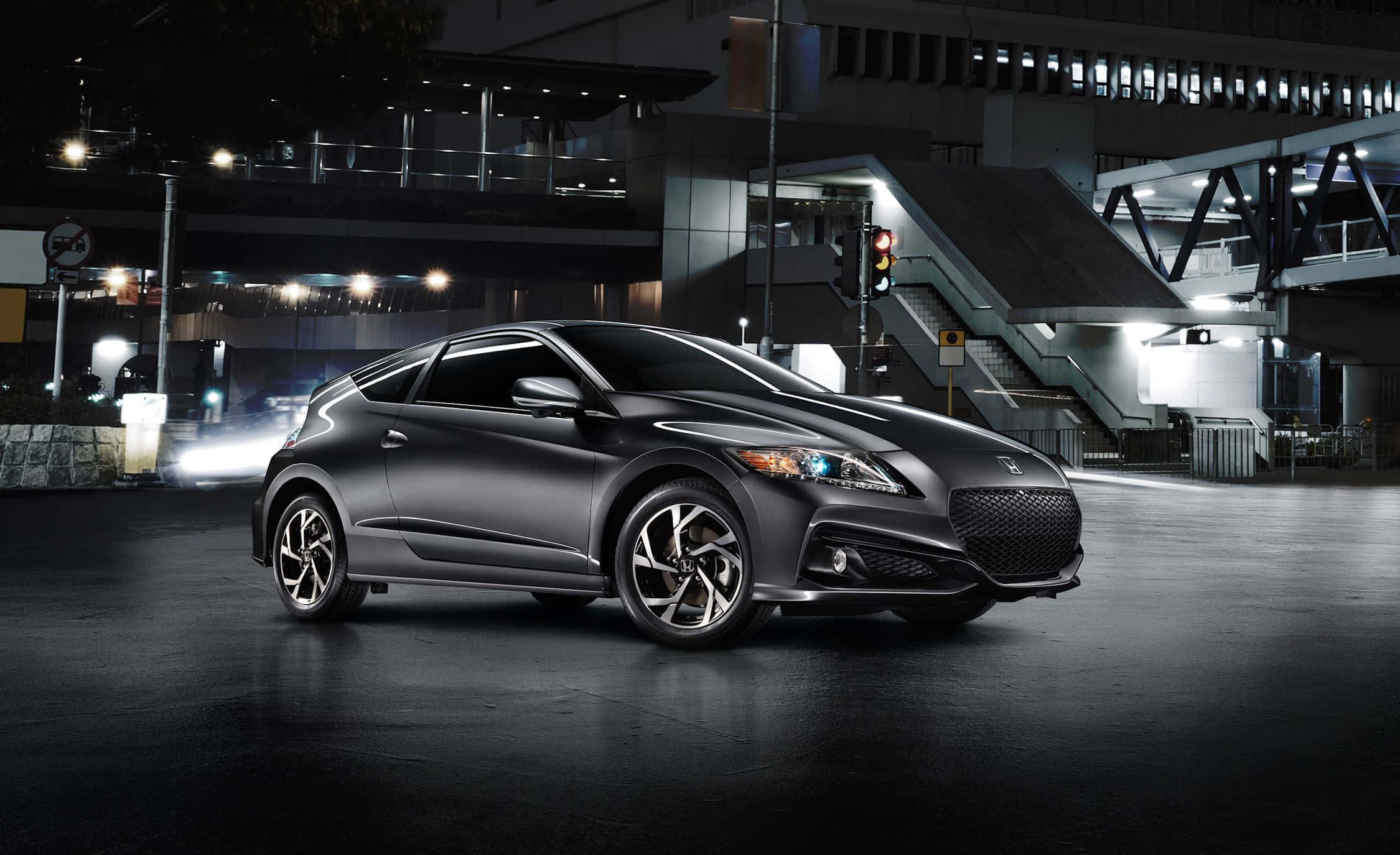 Honda CR-Z, matte black, nighttime urban setting, Full HD Desktop Wallpaper