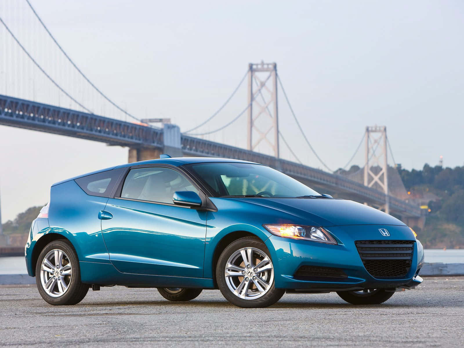 Honda CR-Z, teal, suspension bridge, HD Desktop Wallpaper