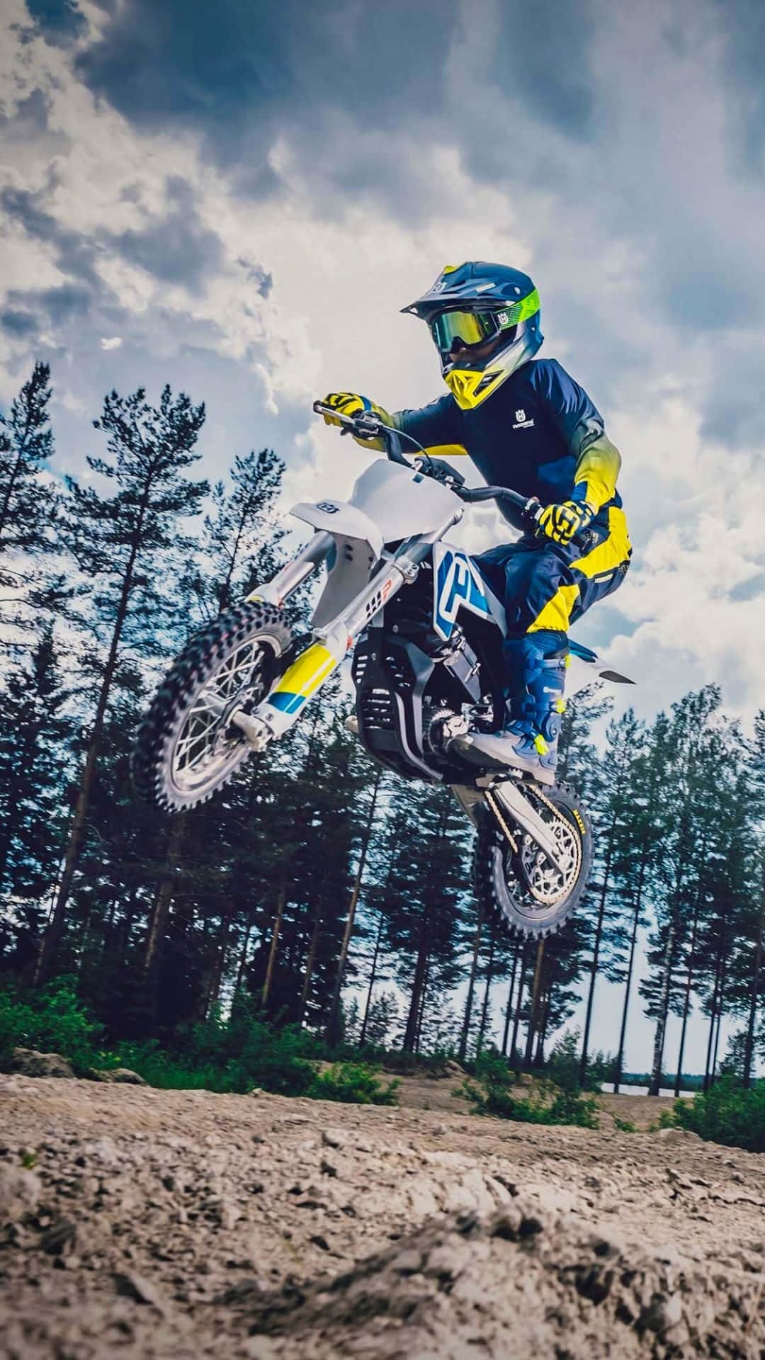Honda Dirt Bike, blue and yellow gear, white dirt bike, Full HD Phone Wallpaper