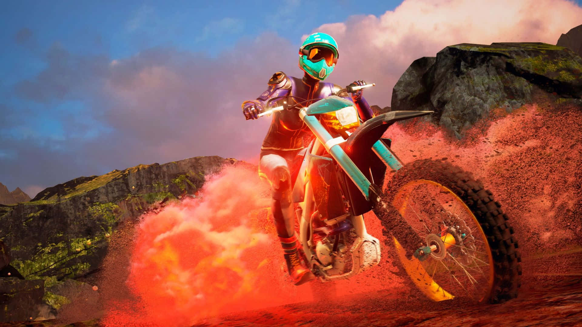 Honda Dirt Bike, teal helmet, red dust, Full HD Desktop Wallpaper
