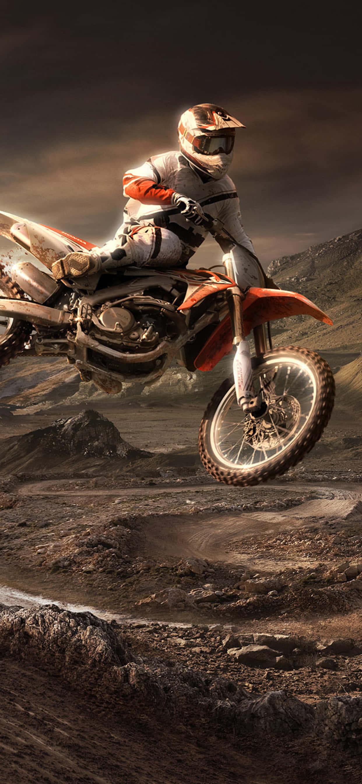 Honda Dirt Bike, orange dirt bike, rugged rocky terrain, 2K Phone Wallpaper