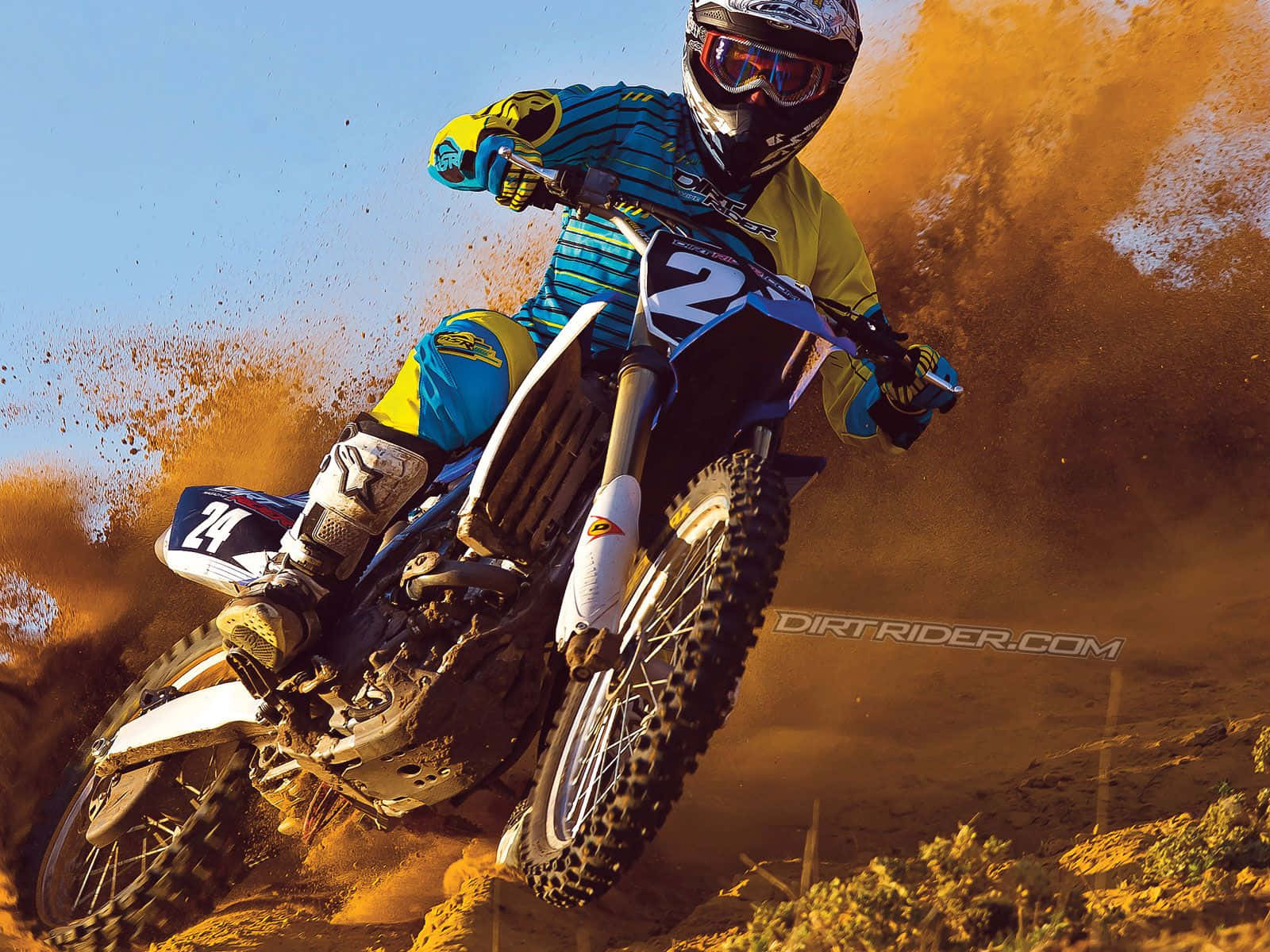 Honda Dirt Bike, blue and yellow gear, orange dust, HD Desktop Wallpaper