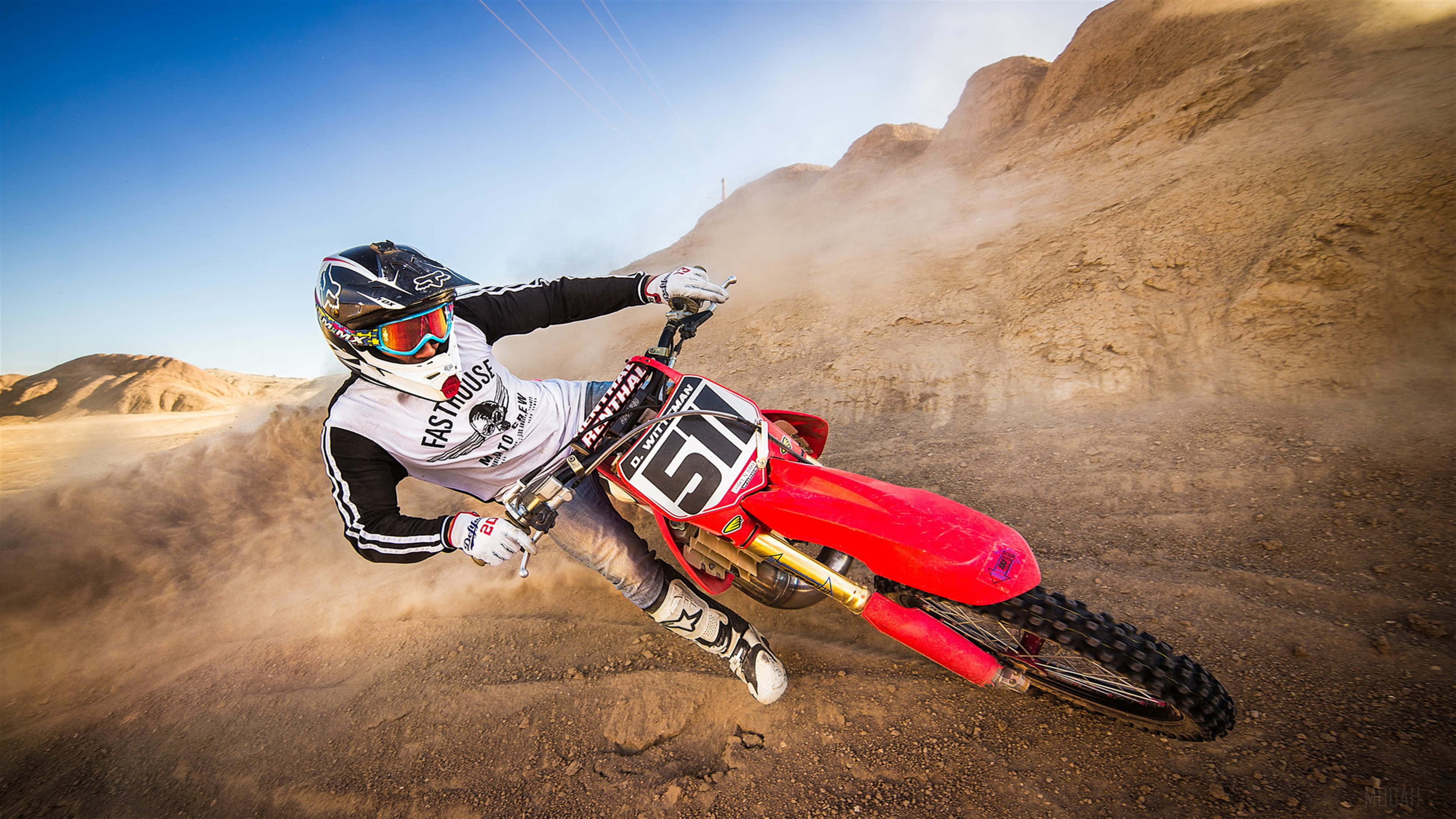 Honda Dirt Bike, red dirt bike, sunlit desert canyon, 4K Desktop Wallpaper