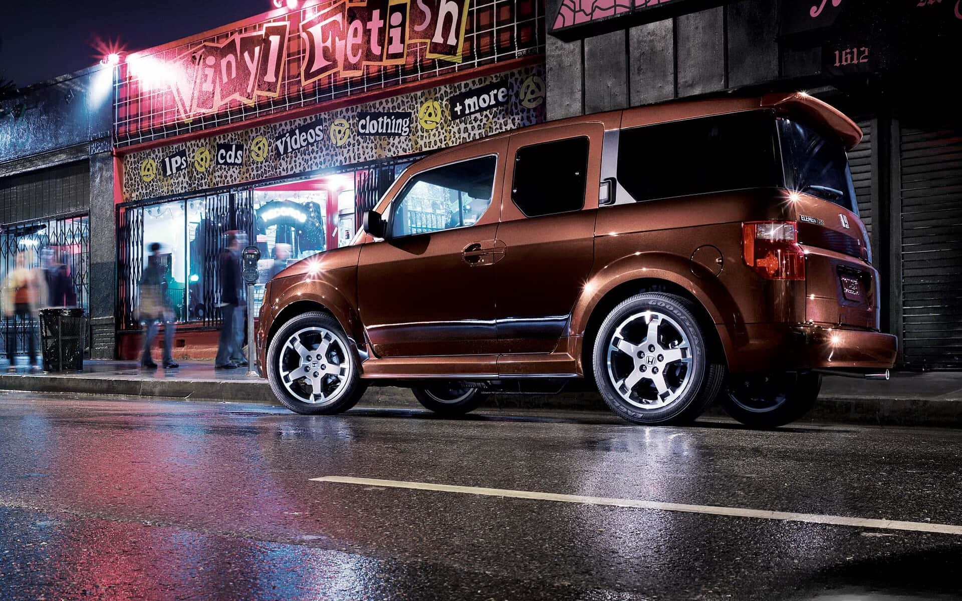 Honda Element, bronze, wet city street, Full HD Desktop Wallpaper